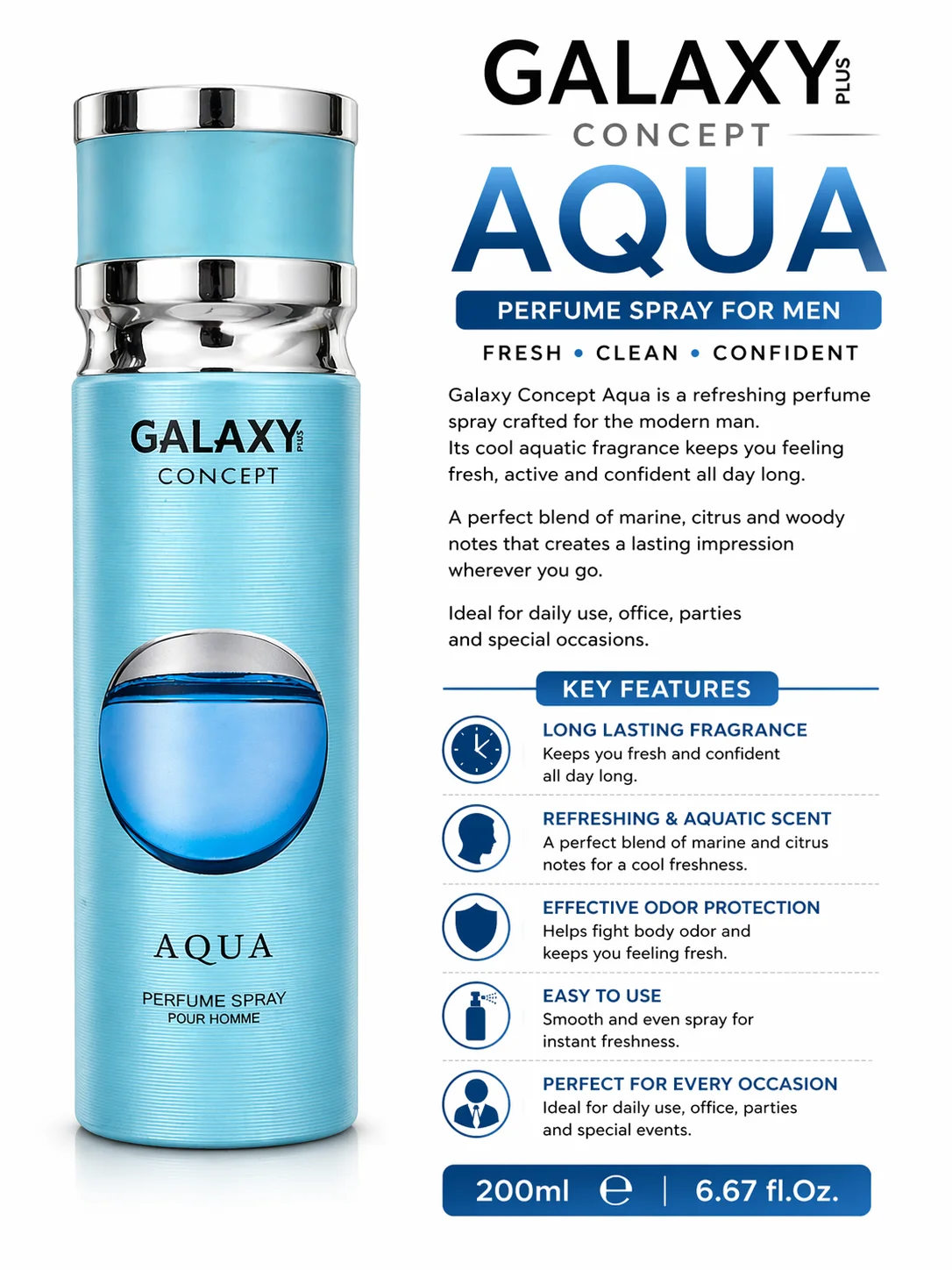 Galaxy Concept Aqua Perfume Spray for Men – 200ml | Fresh & Long Lasting Fragrance