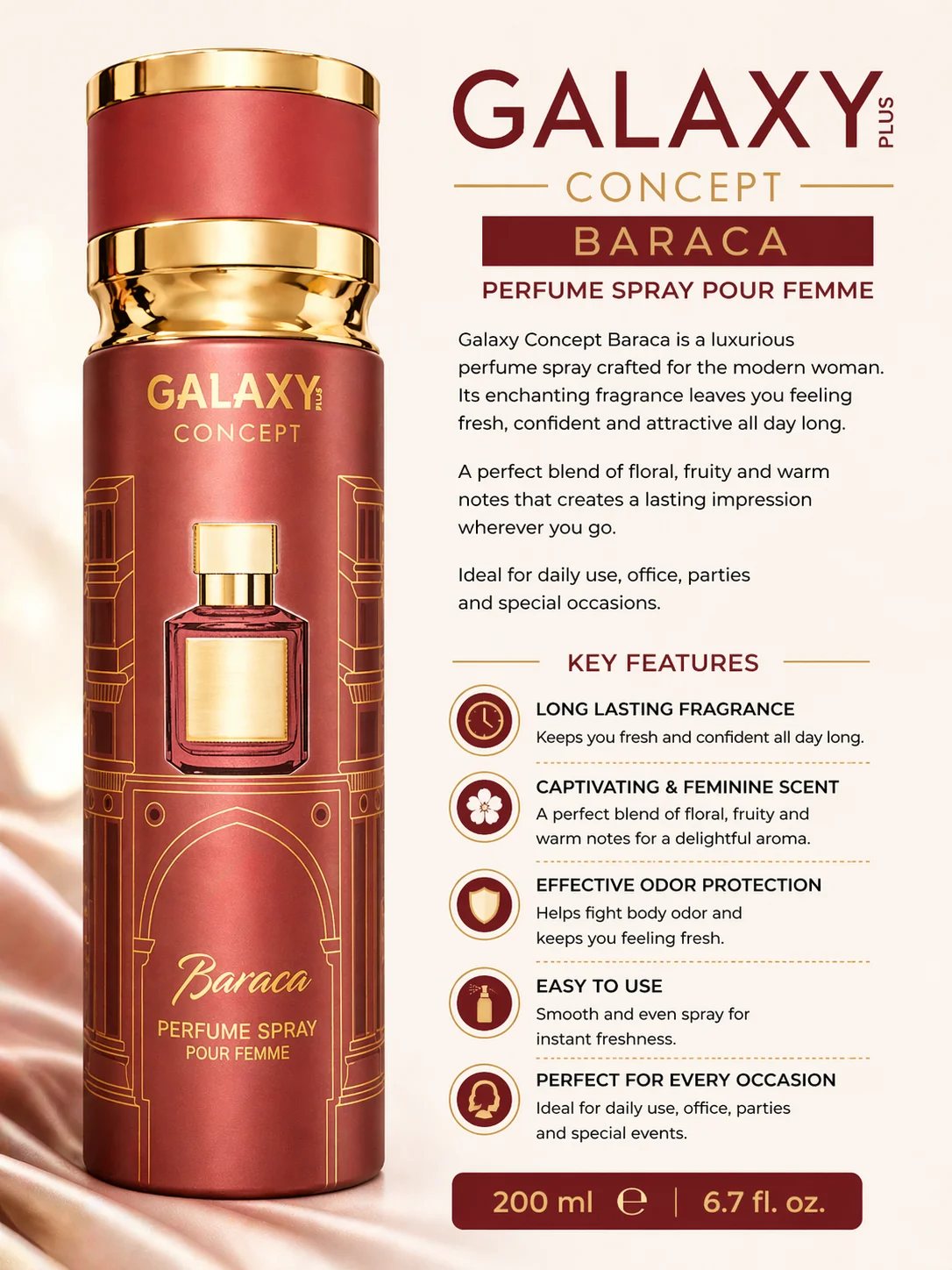 Galaxy Concept Baraca Perfume Spray for Women 200ml – Long Lasting Floral & Warm Fragrance