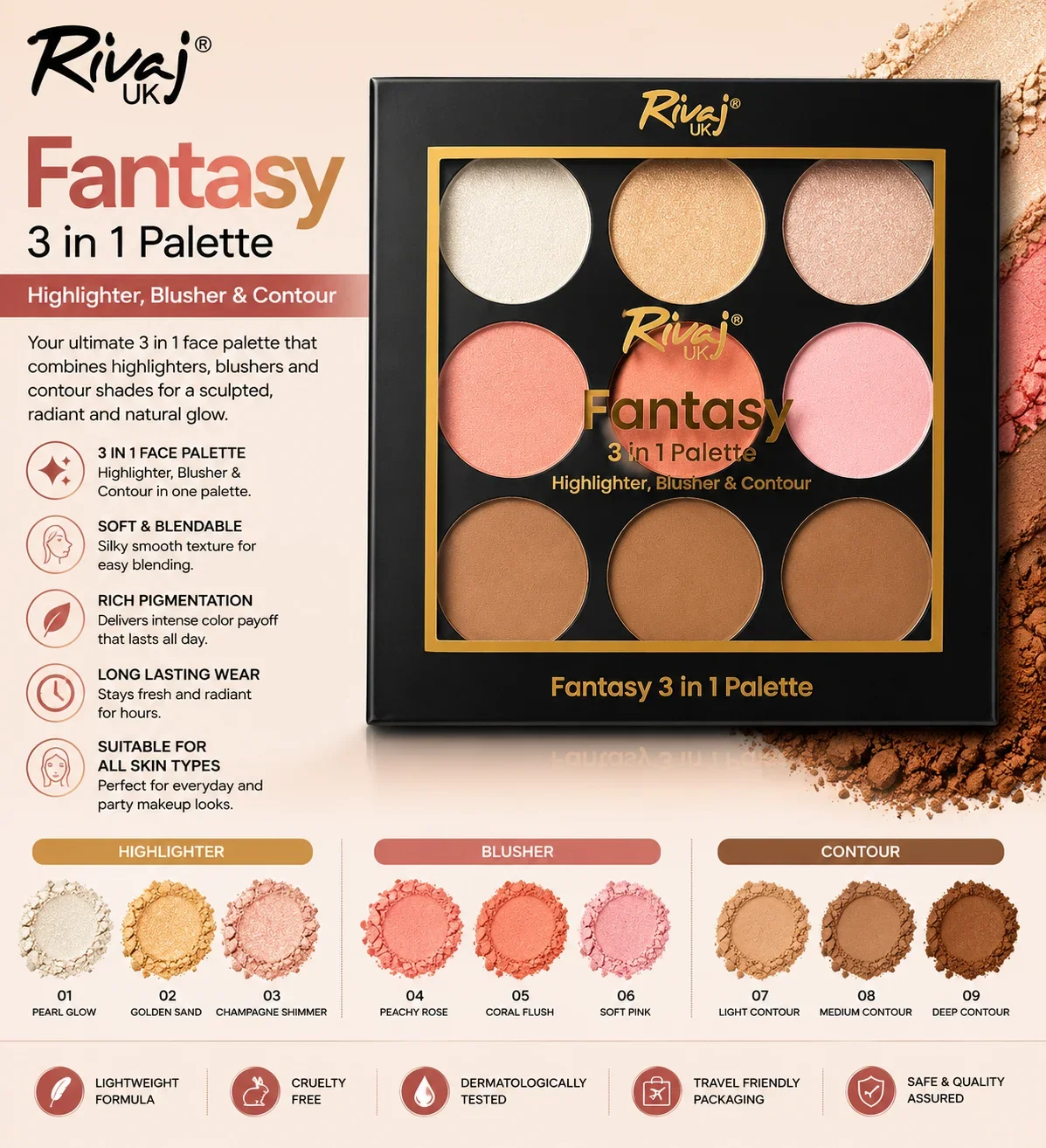 Rivaj UK Fantasy 3 in 1 Palette – Highlighter, Blusher & Contour Collection SHADE 03