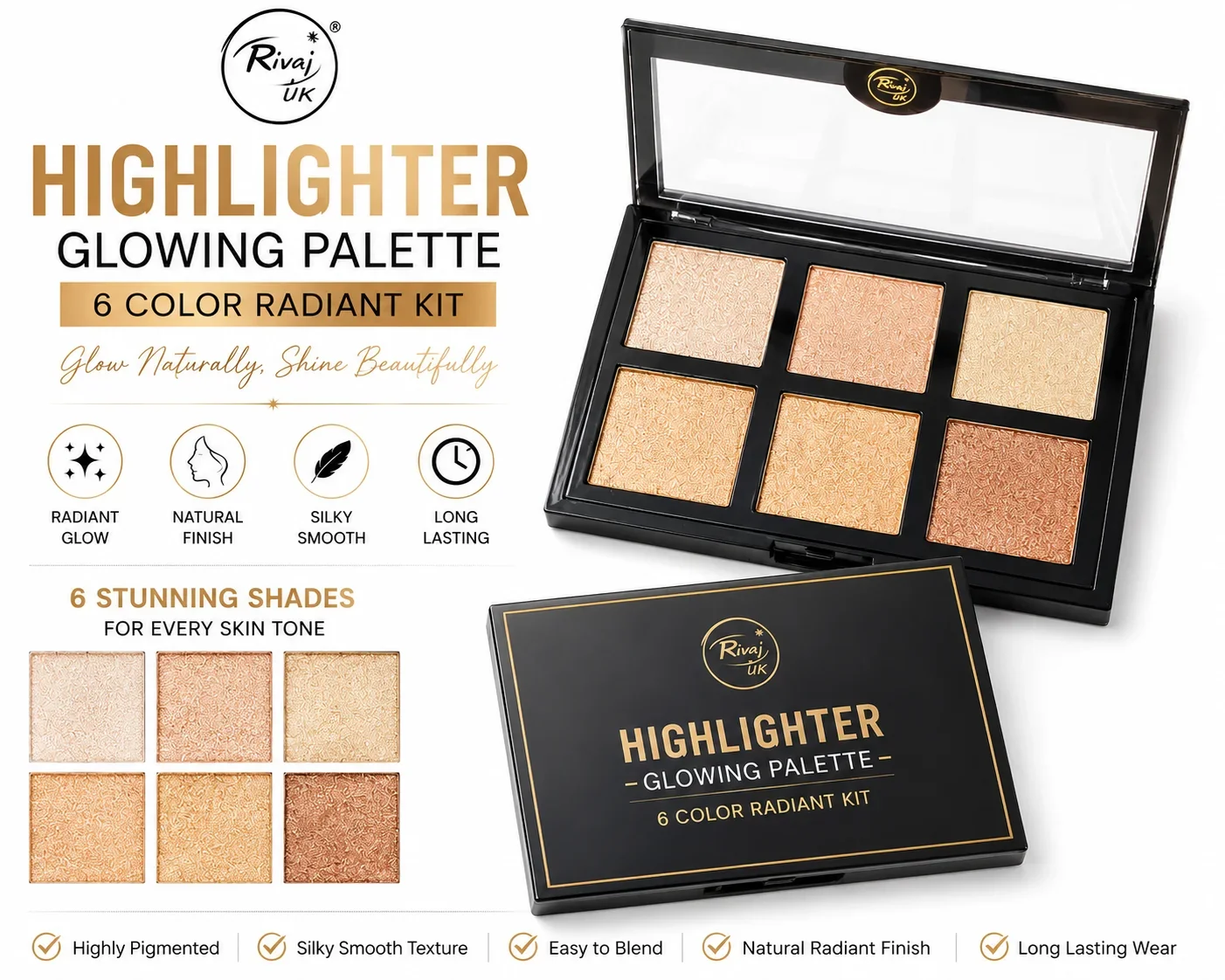 Rivaj UK Highlighter Glowing Palette – 6 Color Radiant Kit shade 02