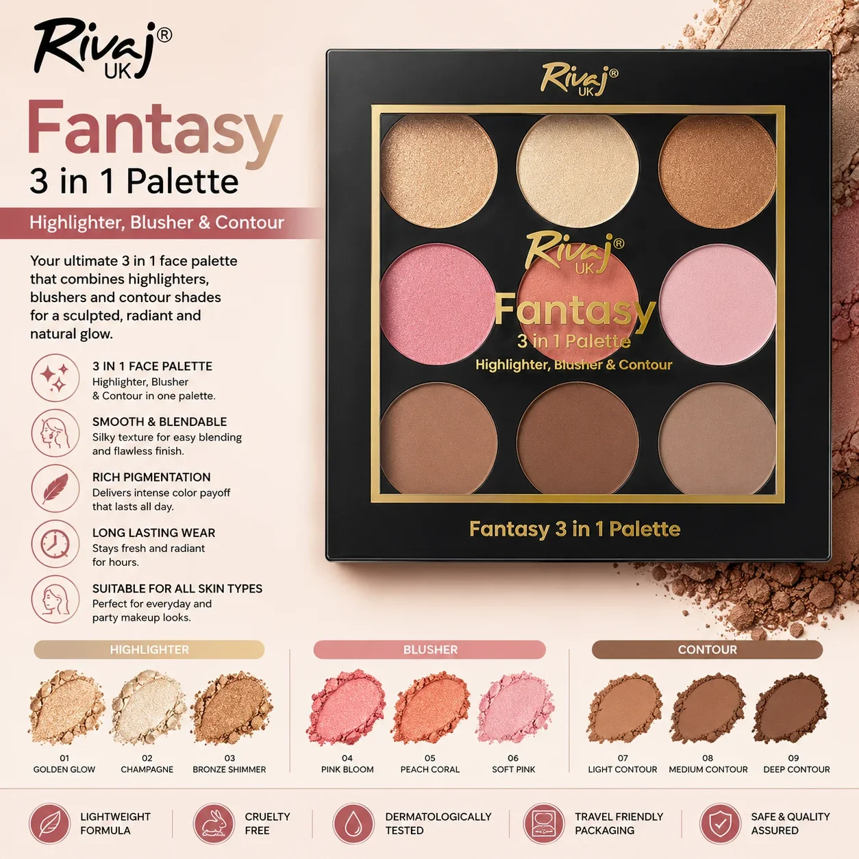 Rivaj UK Fantasy 3 in 1 Makeup Palette – Highlighter, Blusher & Contour Kit SHADE 01