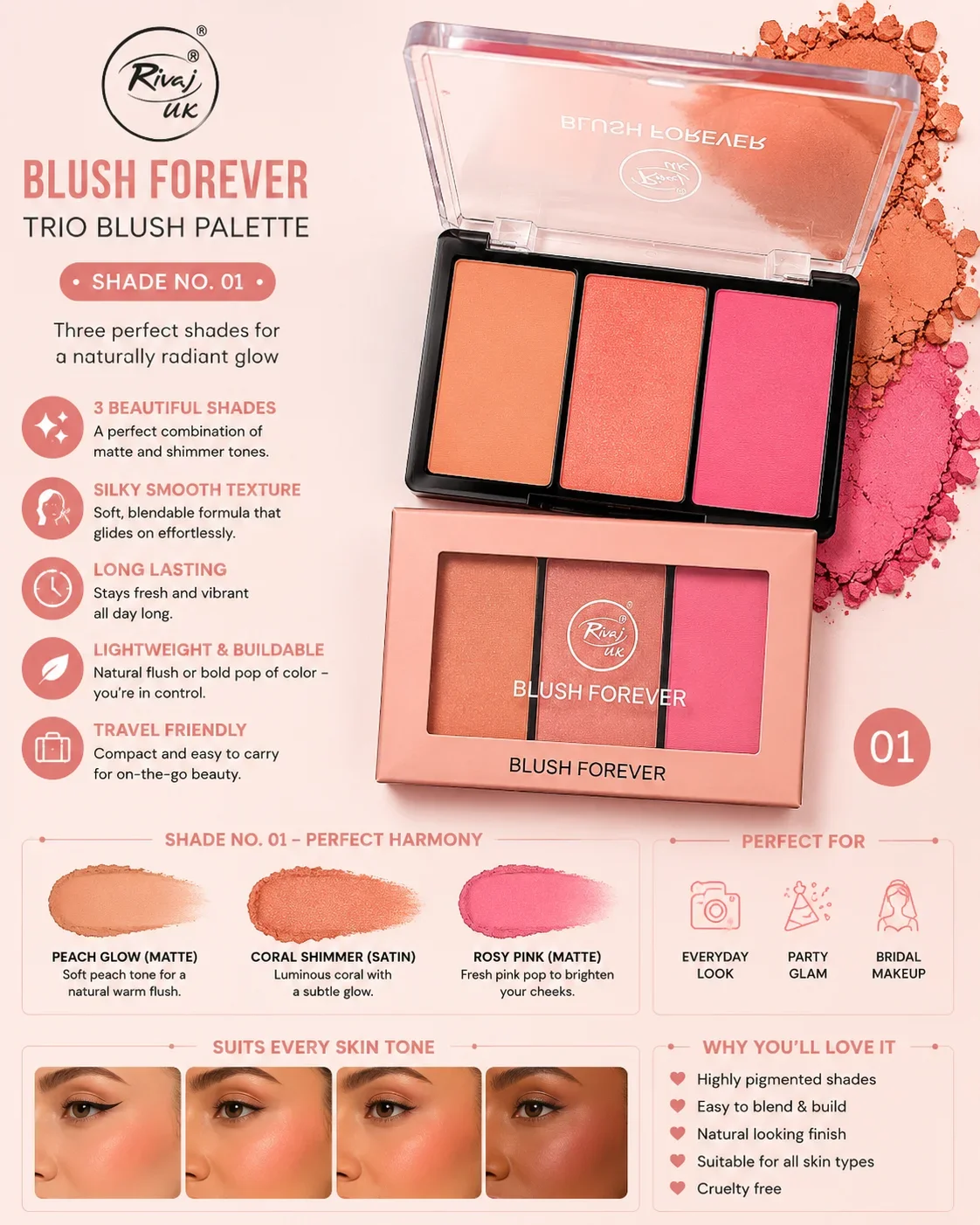 Rivaj UK Blush Forever Trio Blush Palette – Shade 01