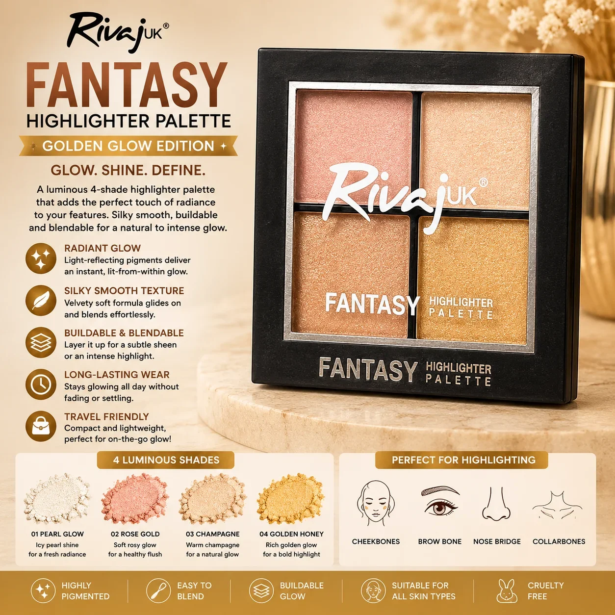 Rivaj UK Fantasy Highlighter Palette – Golden Glow Edition 02