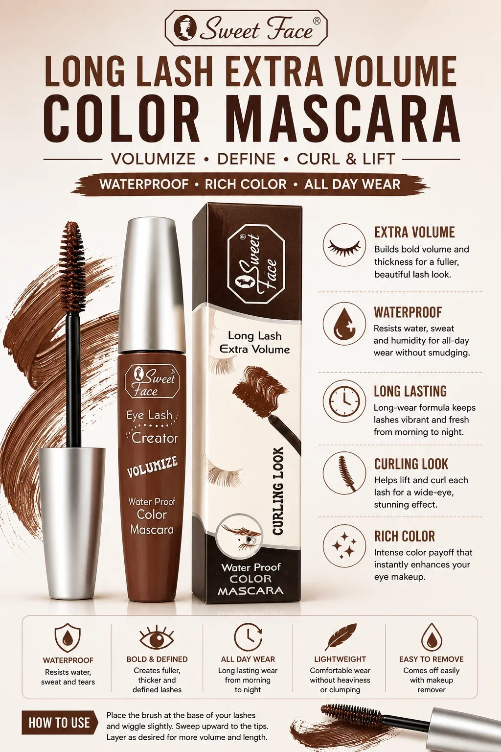 Sweet Face Brown Color Mascara – Long Lash Extra Volume