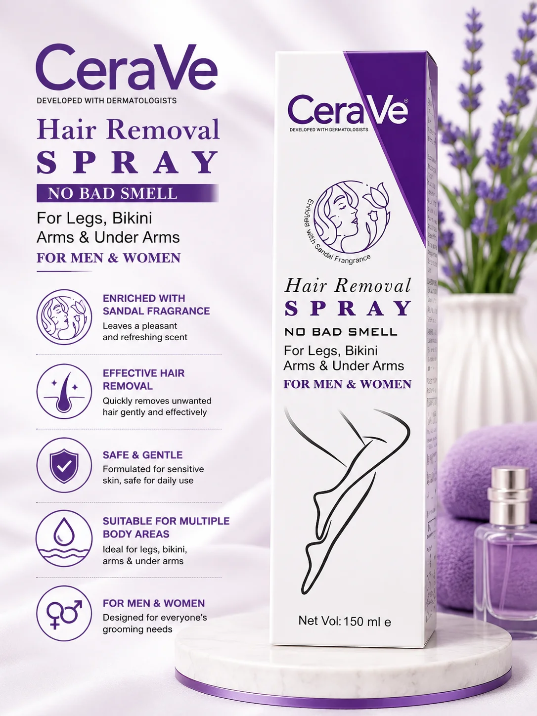 CeraVe Hair Removal Spray – Sandal Fragrance | For Men & Women | 150ml