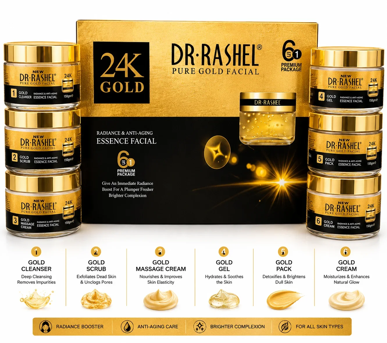 Dr. Rashel 24K Gold Facial Kit – Radiance & Anti-Aging Essence Set (6 in 1)
