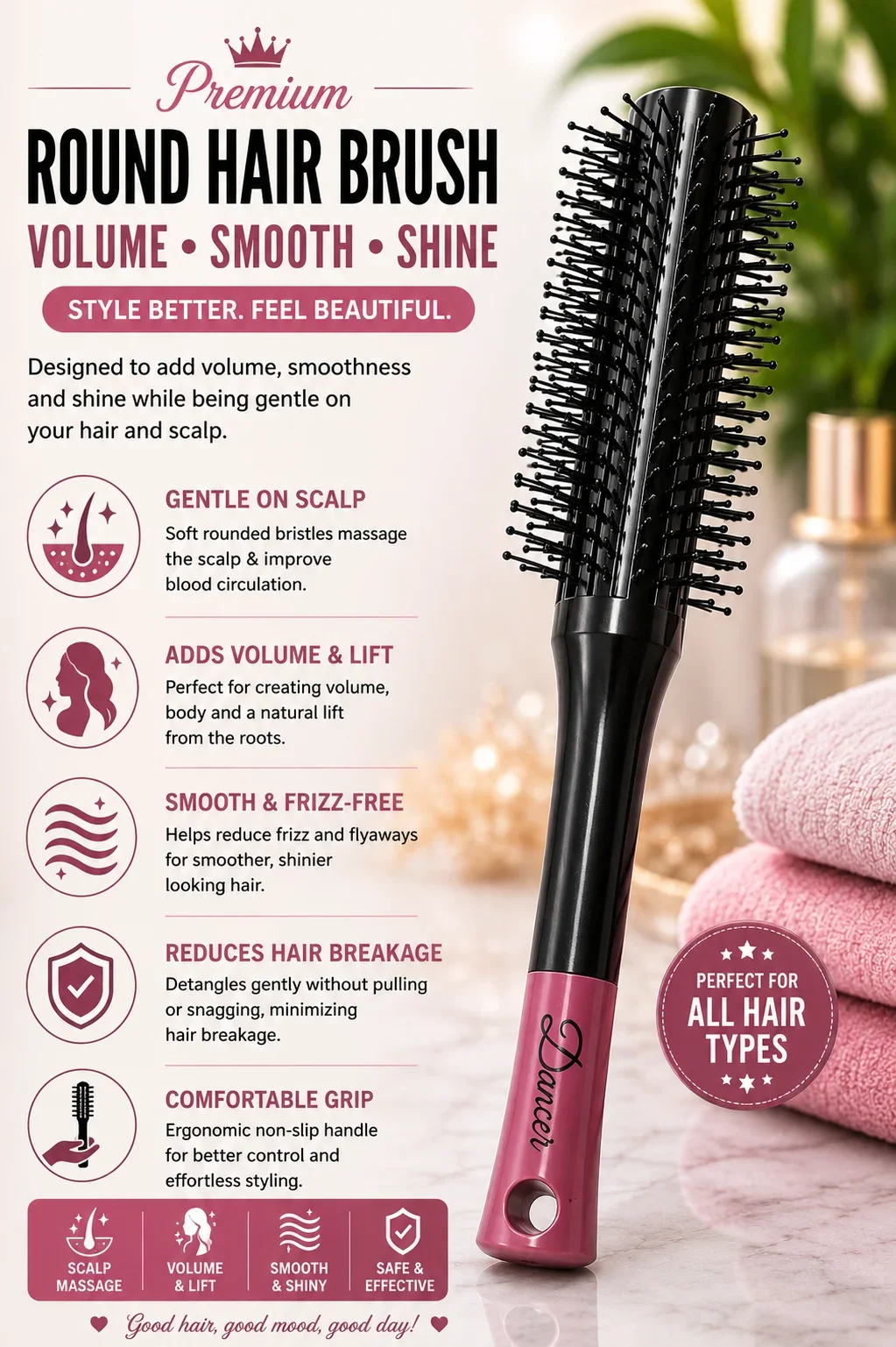 Professional Round Barrel Hair Brush – Volume & Blow Dry Styling Brush