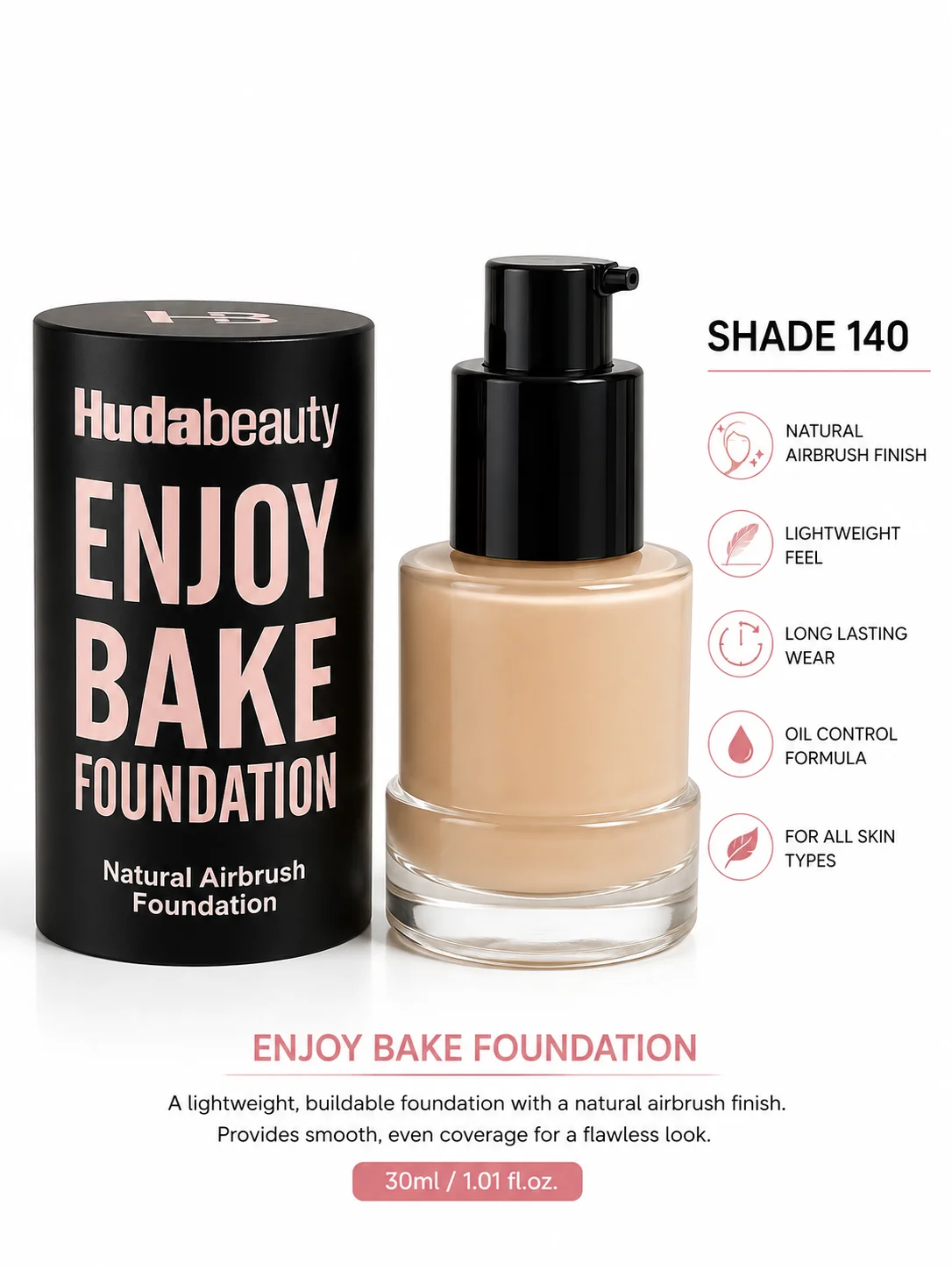 Huda Beauty Enjoy Bake Foundation Shade 140 – Natural Airbrush Finish – 30ml