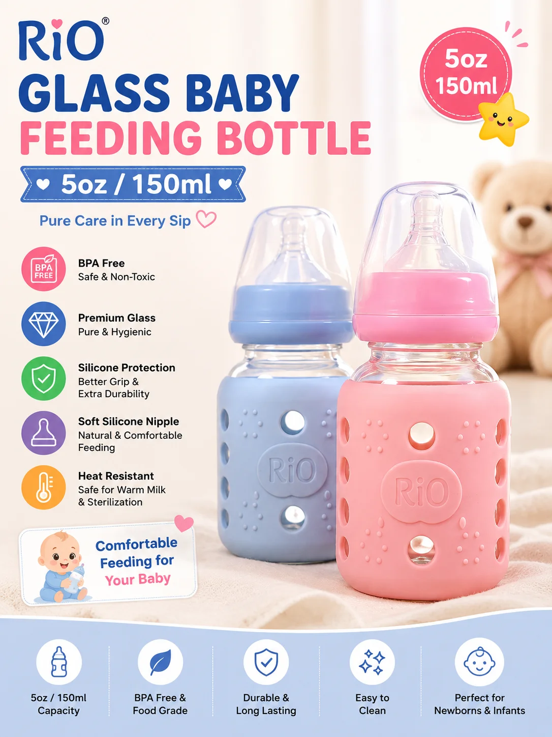 RIO Glass Baby Feeding Bottle – 5oz (150ml)