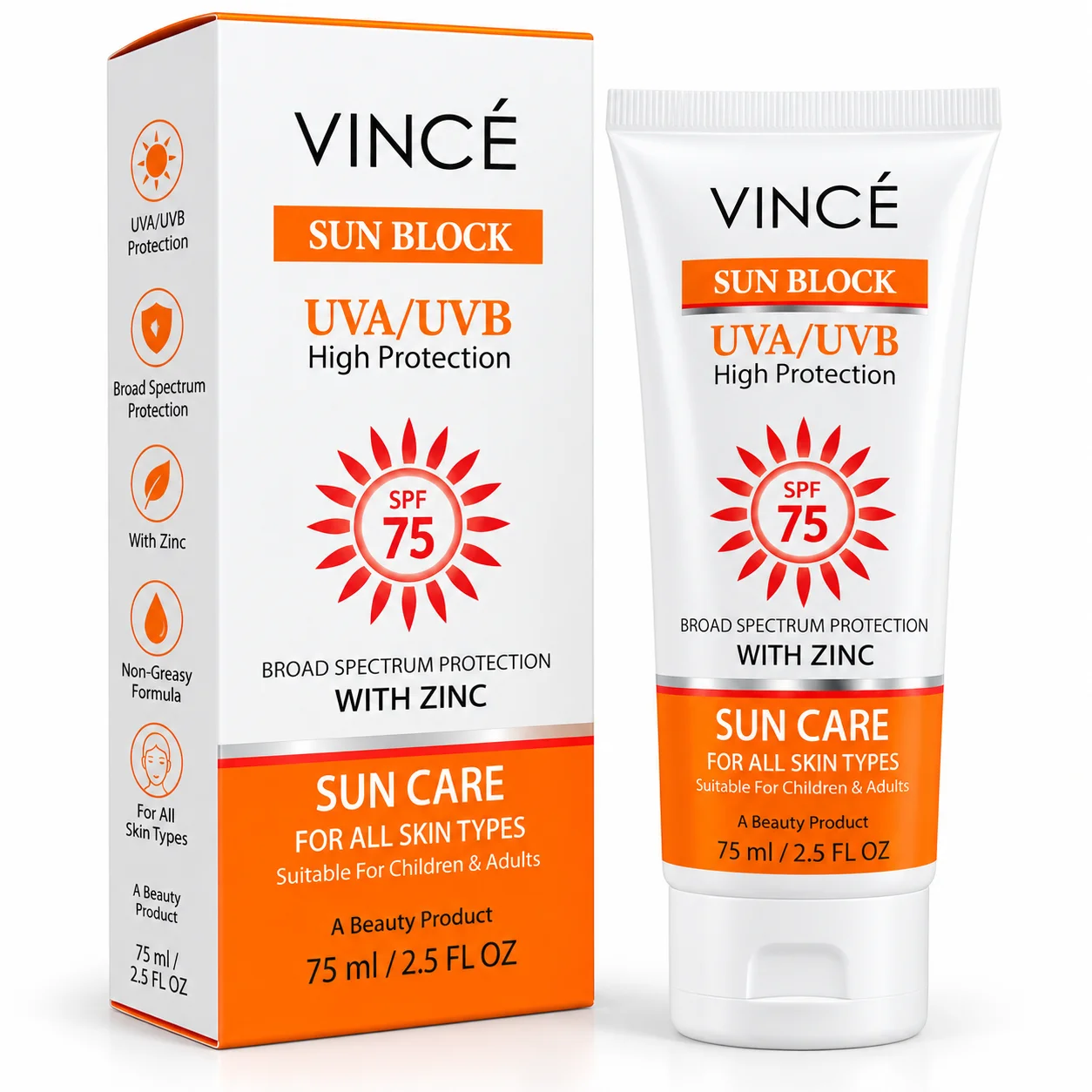 Vincé Sun Block SPF 75 with Zinc – UVA/UVB High Protection – 75ml
