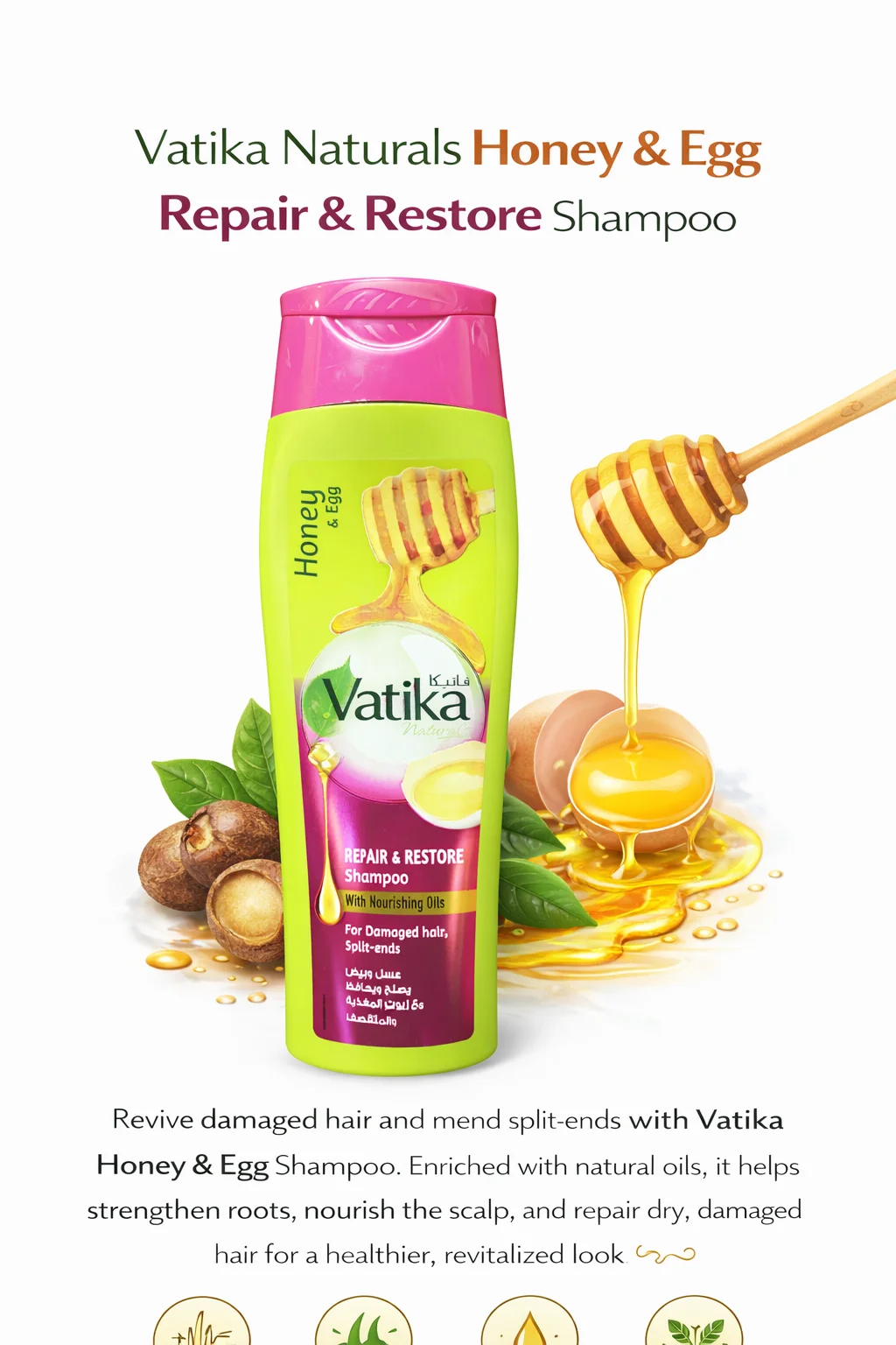Vatika Naturals Honey & Egg Repair & Restore Shampoo (For Damaged Hair & Split Ends) 185ML