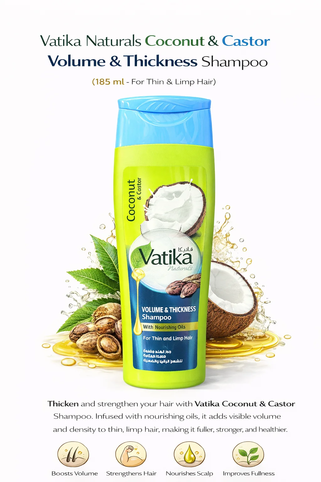 Vatika Naturals Coconut & Castor Volume & Thickness Shampoo (For Thin & Limp Hair) 185ML