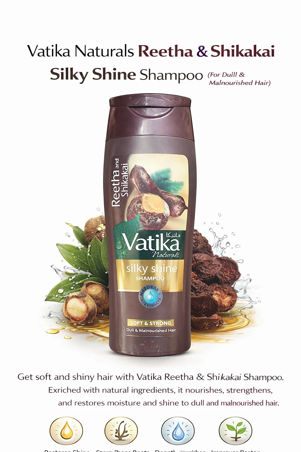 Vatika Naturals Reetha & Shikakai Silky Shine Shampoo (For Dull & Malnourished Hair) 185ML