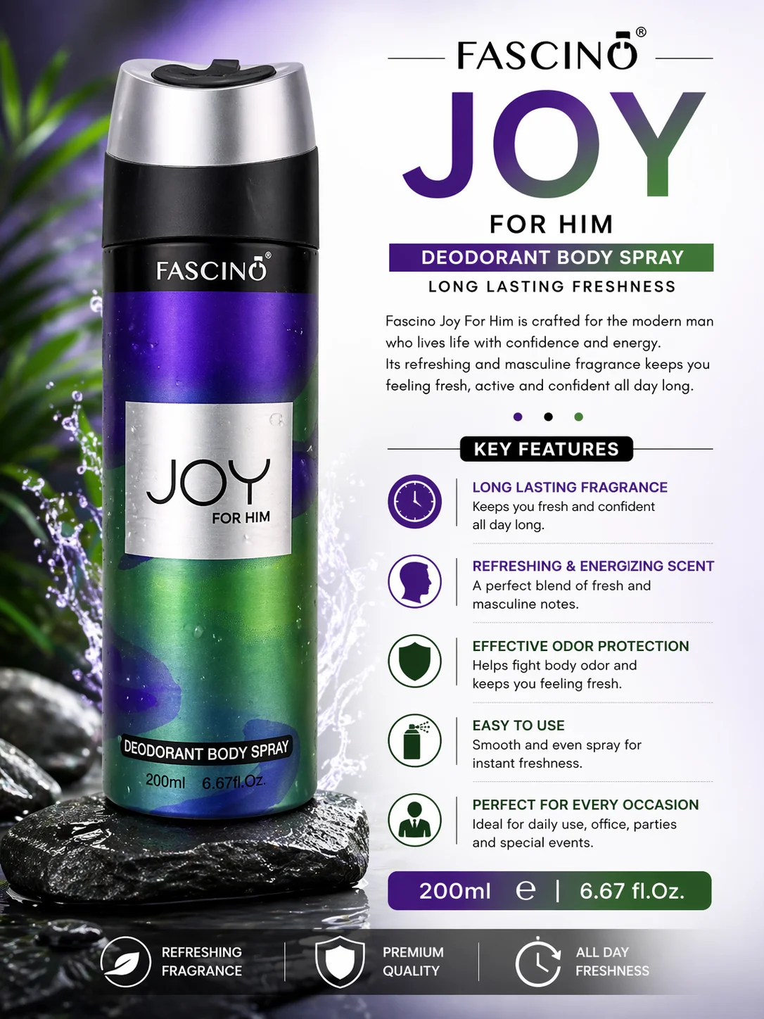 Fascino Joy For Him Deodorant Body Spray 200ml – Long Lasting Fresh Masculine Fragrance