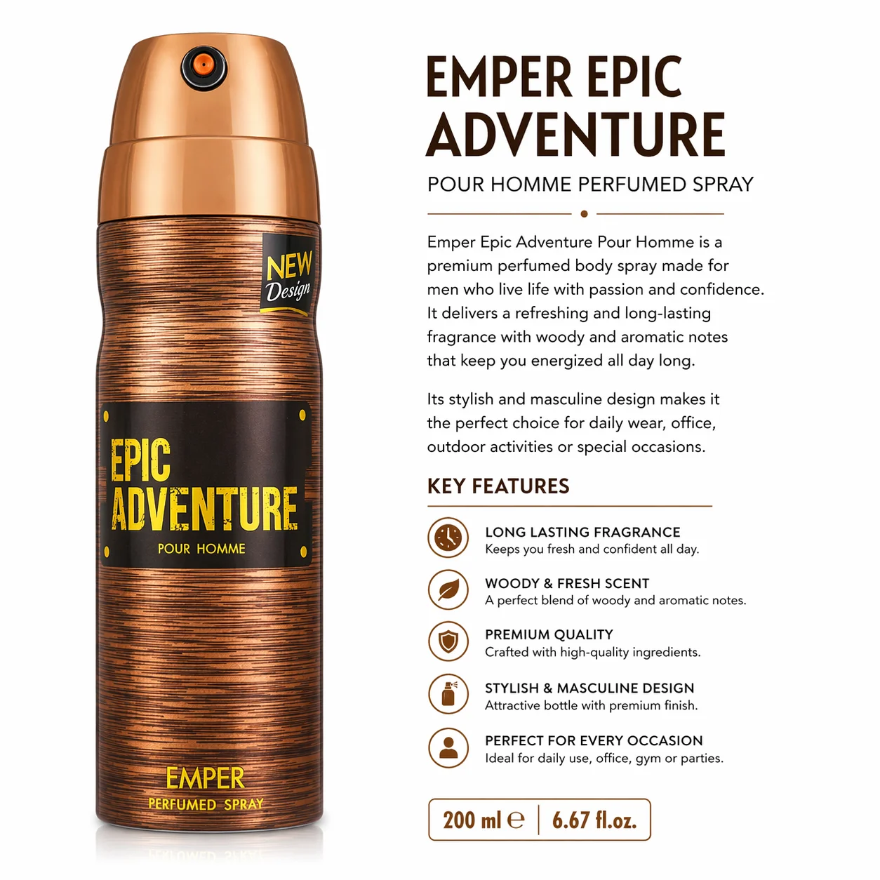 Emper Epic Adventure Pour Homme Perfumed Body Spray – Long Lasting Fresh Fragrance for Men 200ML