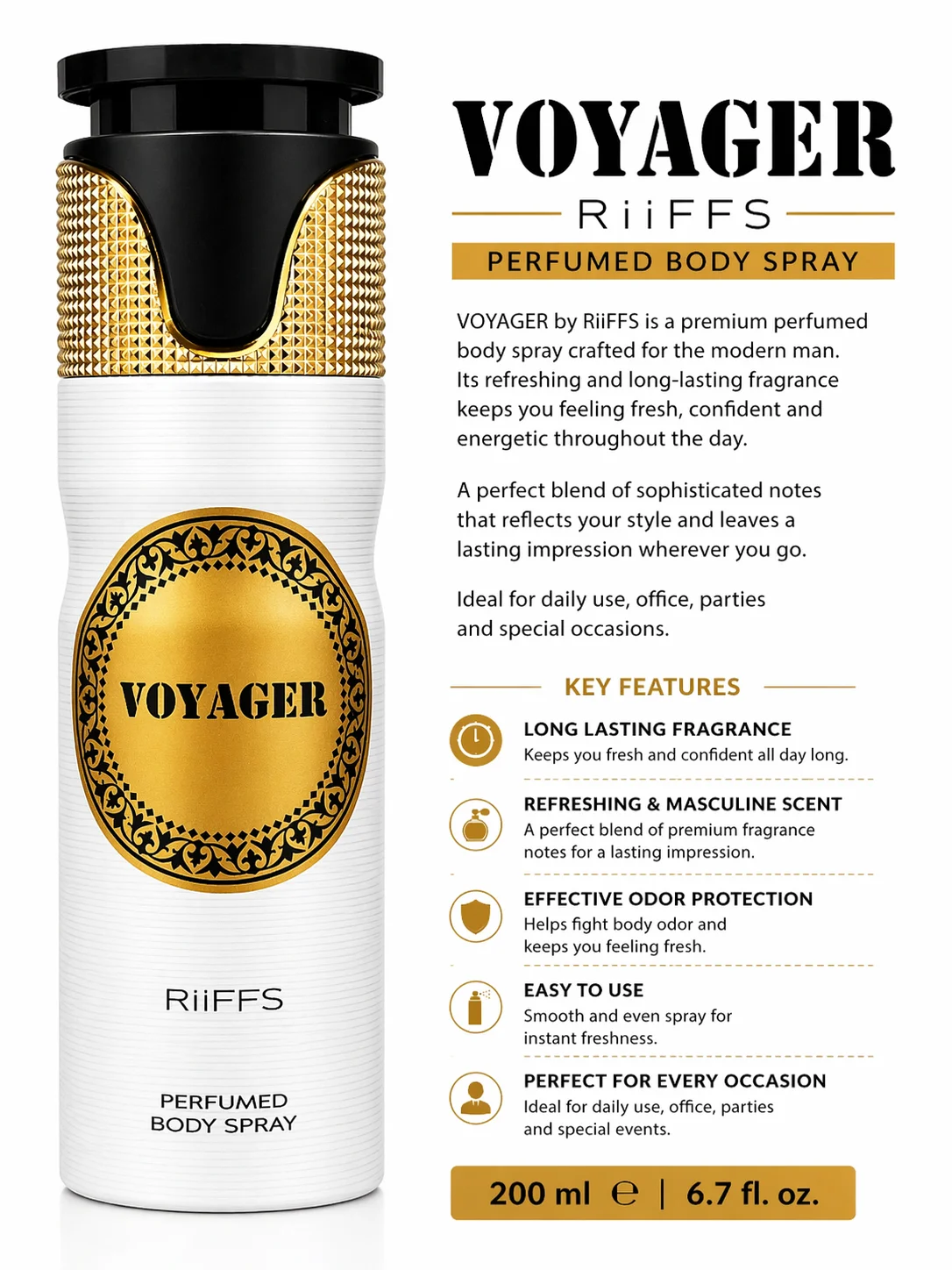 RiiFFS Voyager Perfumed Body Spray – Luxury Long Lasting Fragrance for Men 200ML