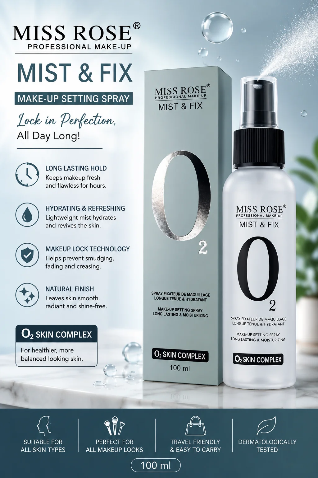 MISS ROSE Mist & Fix O2 Skin Complex Setting Spray – 100ml