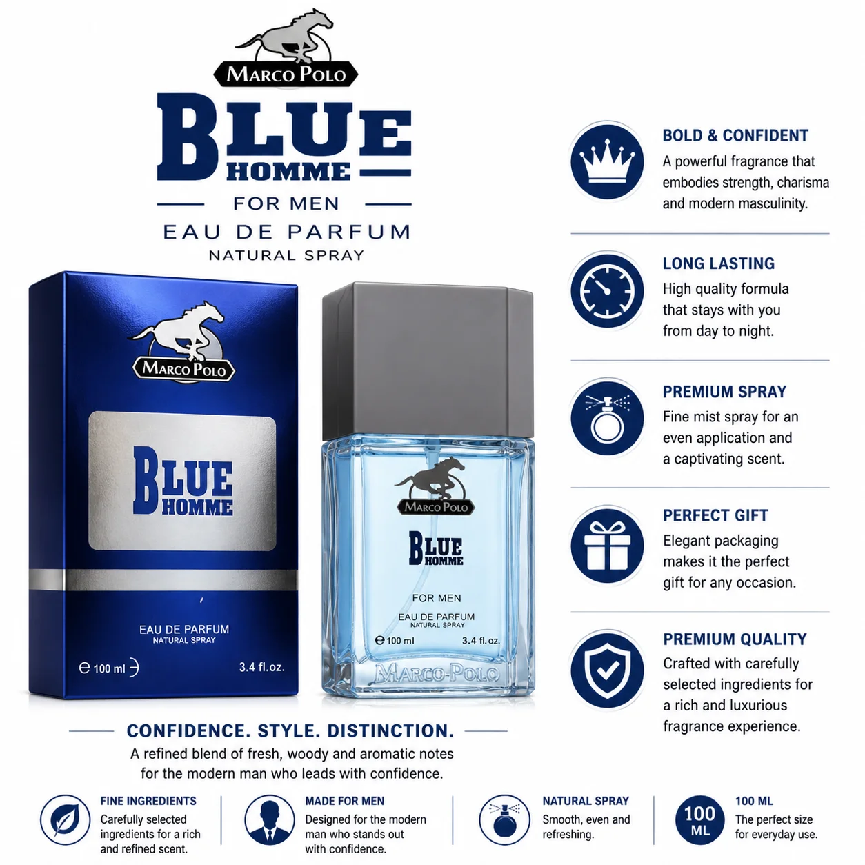 Blue Homme Eau de Parfum for Men by Marco Polo 100ML