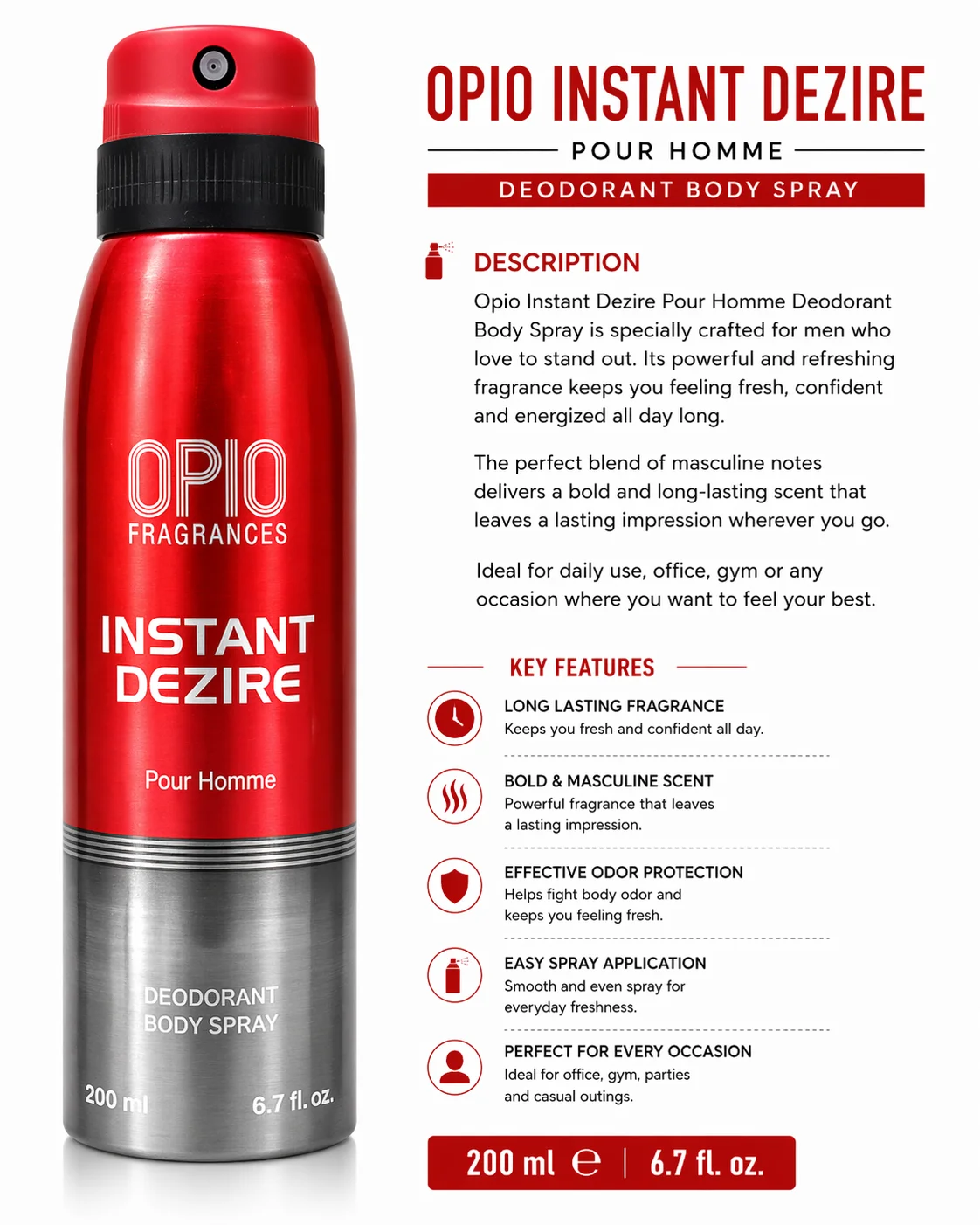 OPIO Instant Dezire Pour Homme Deodorant Body Spray – Long Lasting Fresh Masculine Fragrance (200ml)