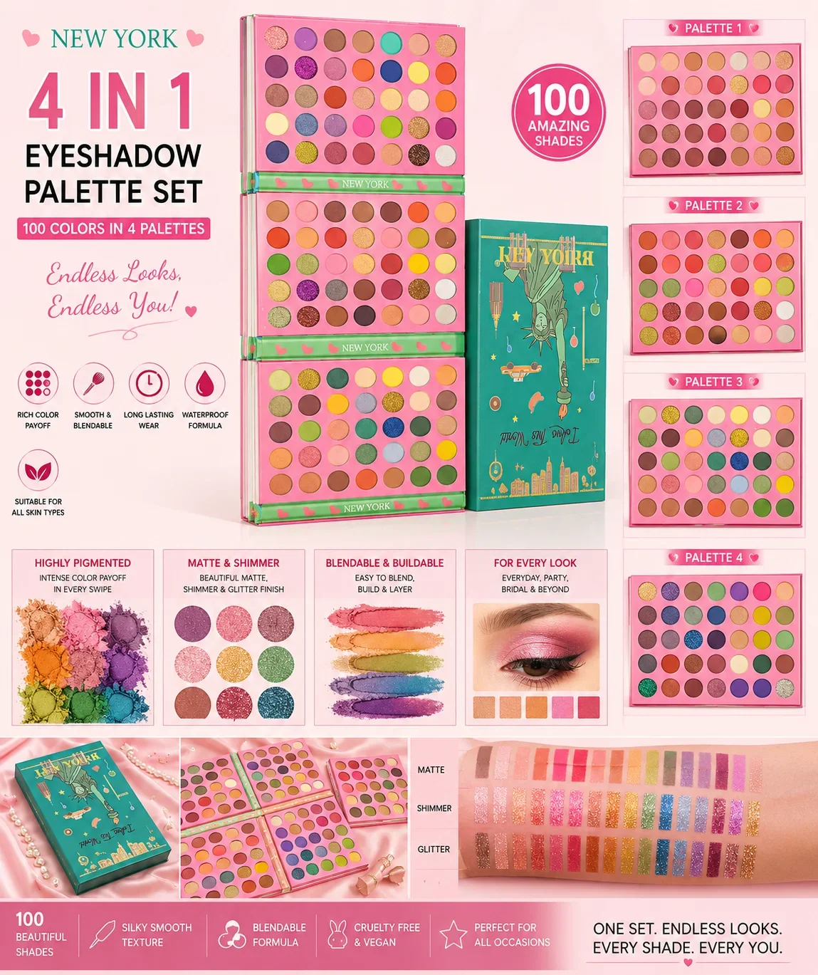 Mocallure New York 4 In 1 Eyeshadow Palette Set – 100 Color Professional Makeup Kit