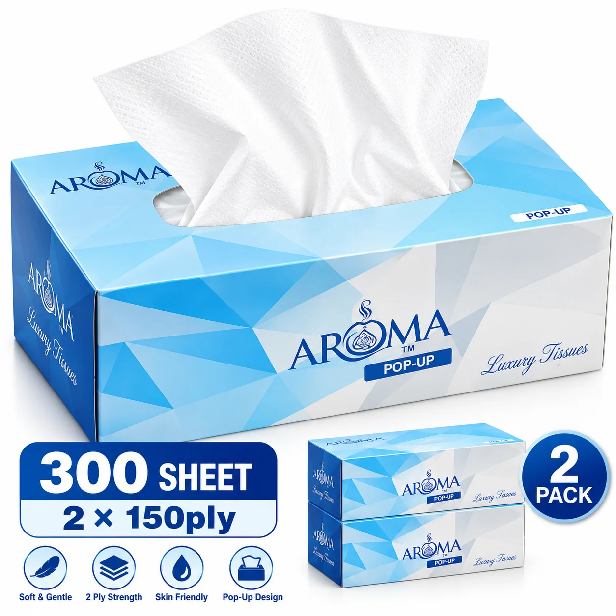 Aroma 300 Sheets Pop-Up Luxury Facial Tissues  (2 × 150 Ply)