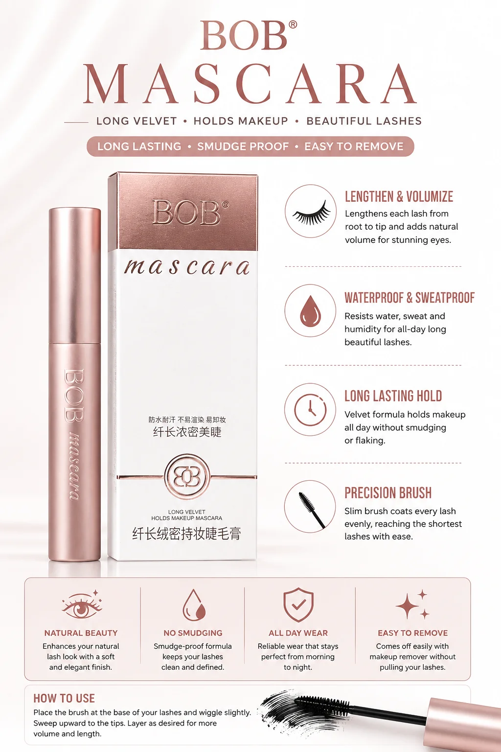 BOB Long Velvet Mascara – Waterproof & Long Lasting