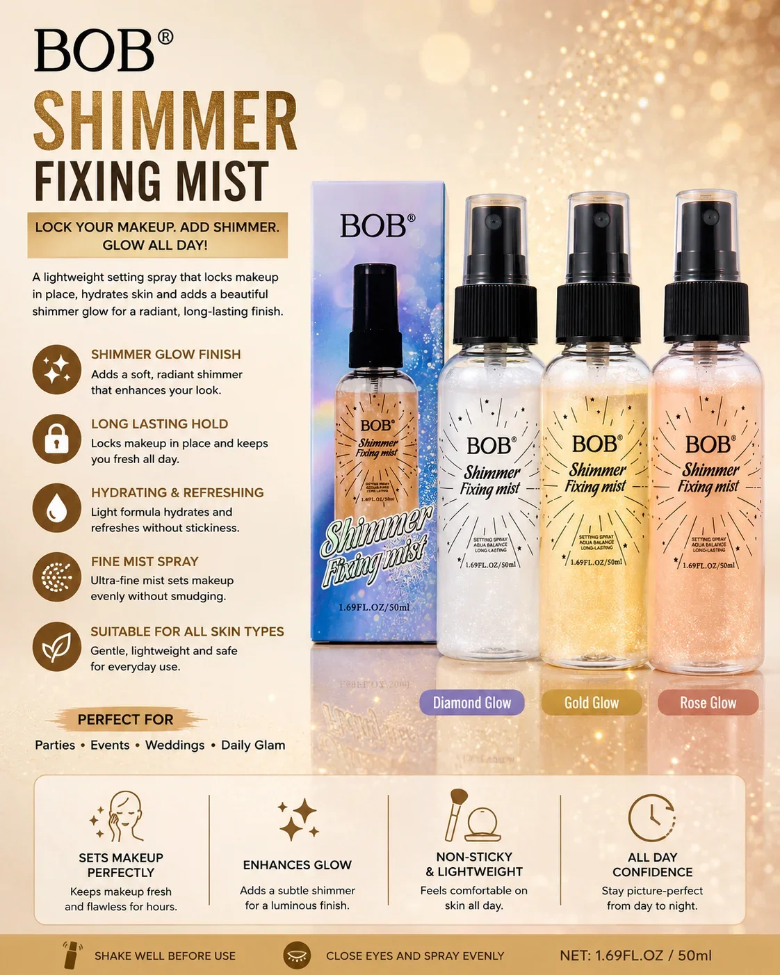 BOB Shimmer Fixing Mist – Long Lasting Makeup Setting Spray 50ml