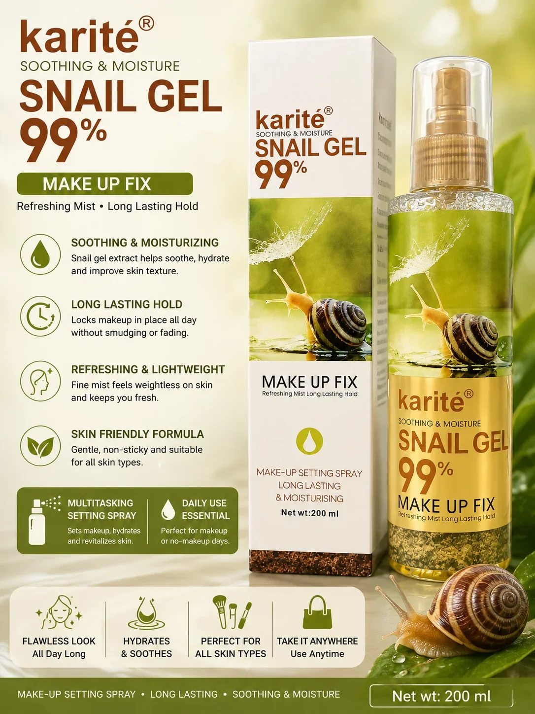 Karité Snail Gel 99% Make Up Fix Setting Spray – 200ml