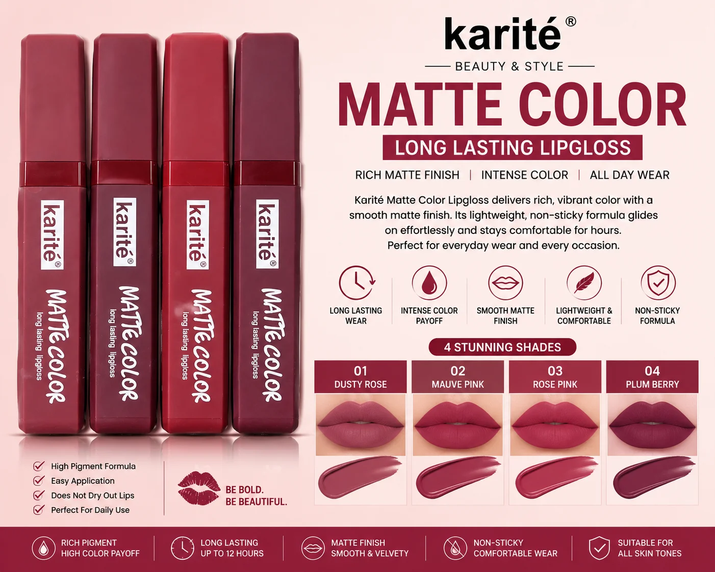Karité Matte Color Long Lasting Lip Gloss Set – 4 Stunning Matte Shades