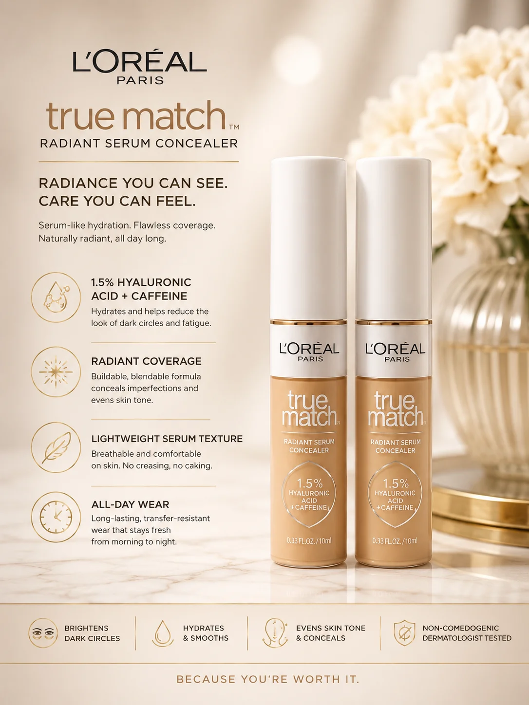 L’Oréal Paris True Match Radiant Serum Concealer – Hyaluronic Acid + Caffeine