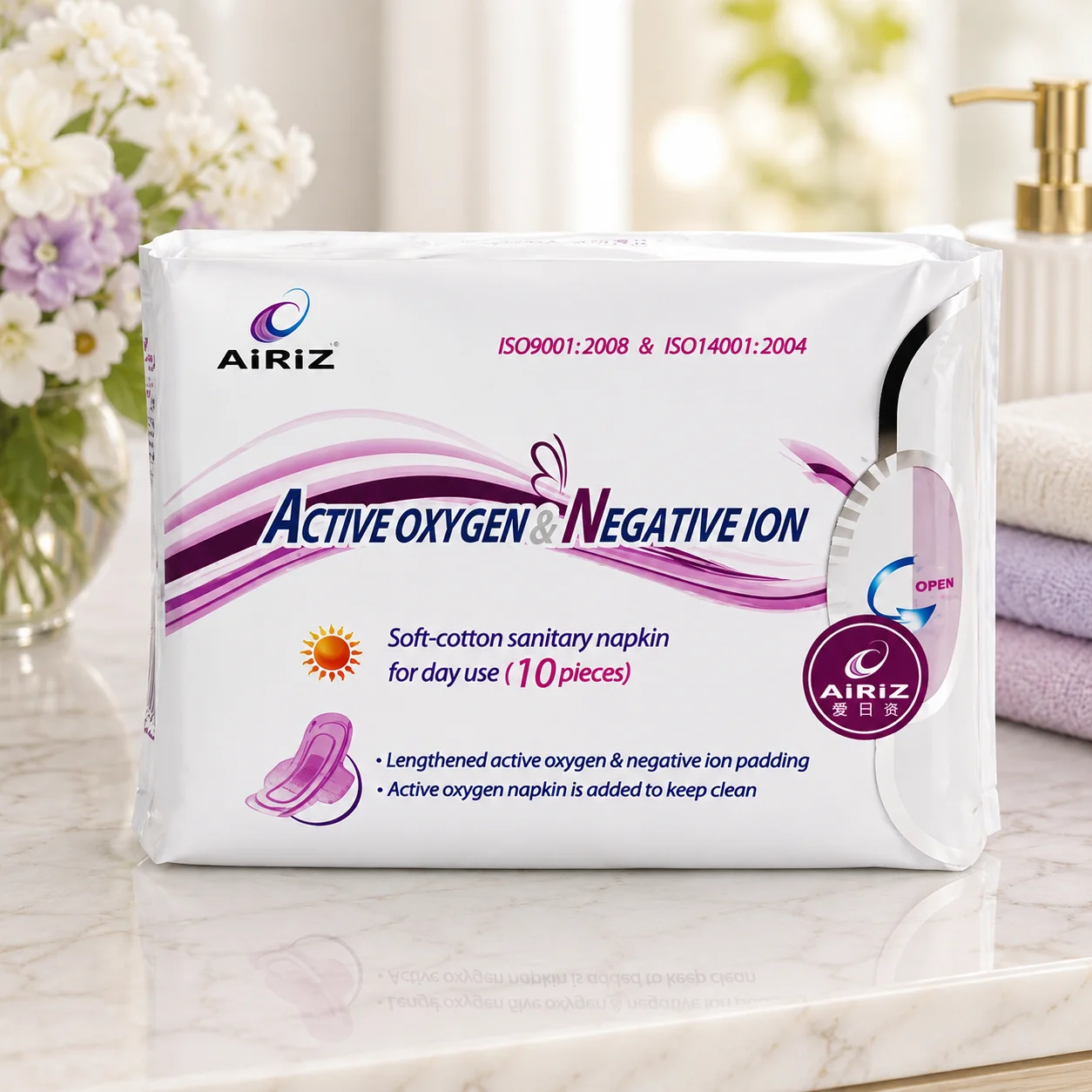 AIRIZ Active Oxygen & Negative Ion Sanitary Napkins | Soft Cotton Day Use | 10 Pieces Pack