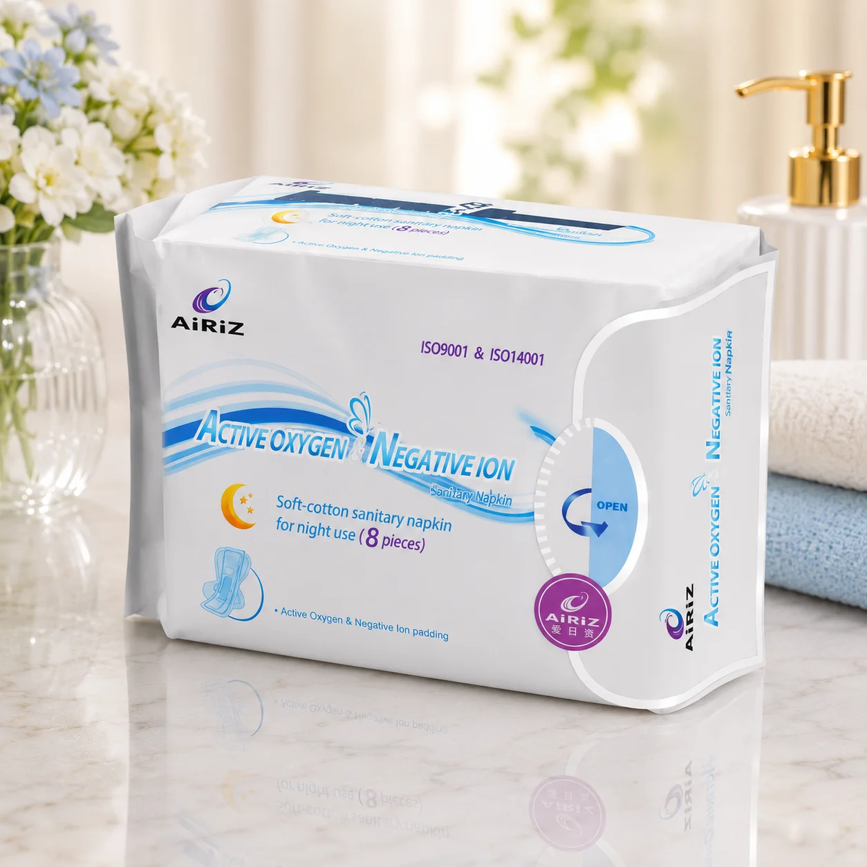 AIRIZ Active Oxygen & Negative Ion Night Use Sanitary Napkins | Soft Cotton | 8 Pieces Pack