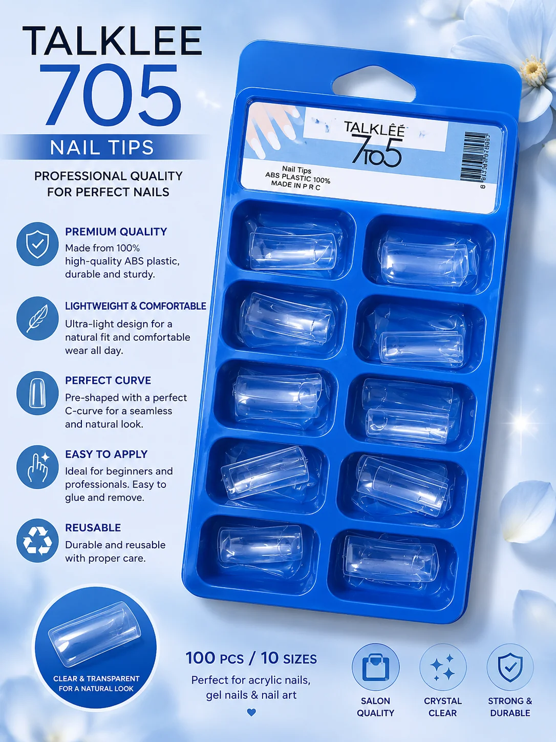 TALKLEE 705 Clear Nail Tips – Professional ABS Nail Extensions (100 PCS)