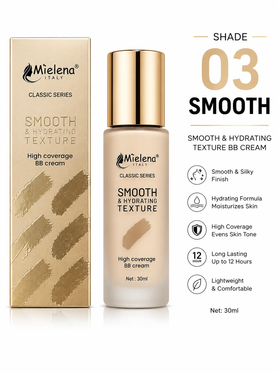 Mielena Italy Classic Series Smooth & Hydrating Texture BB Cream – Shade 03, 30ml