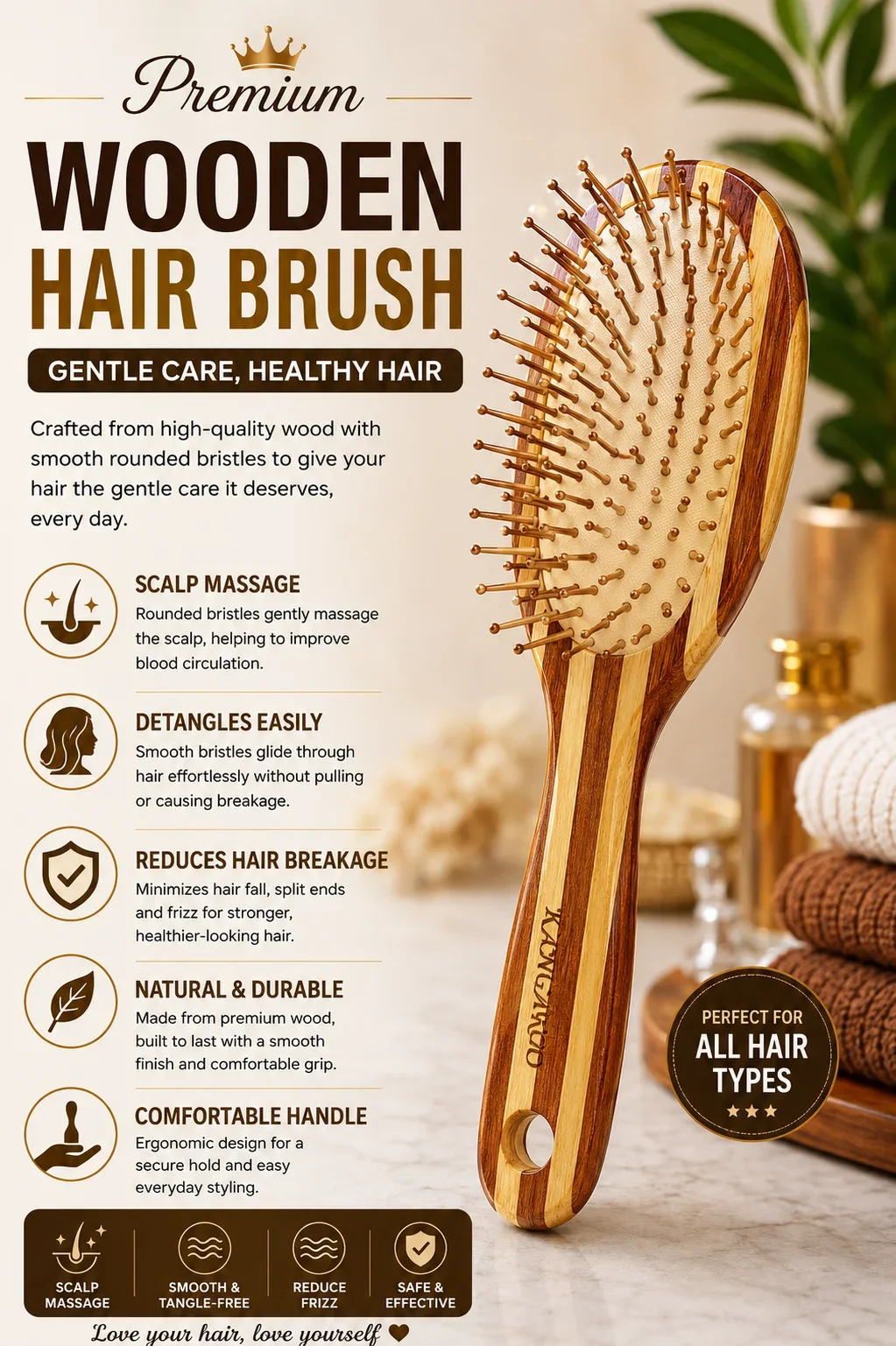 Premium Bamboo Wooden Hair Brush – Anti-Frizz Scalp Massage & Detangling Brush