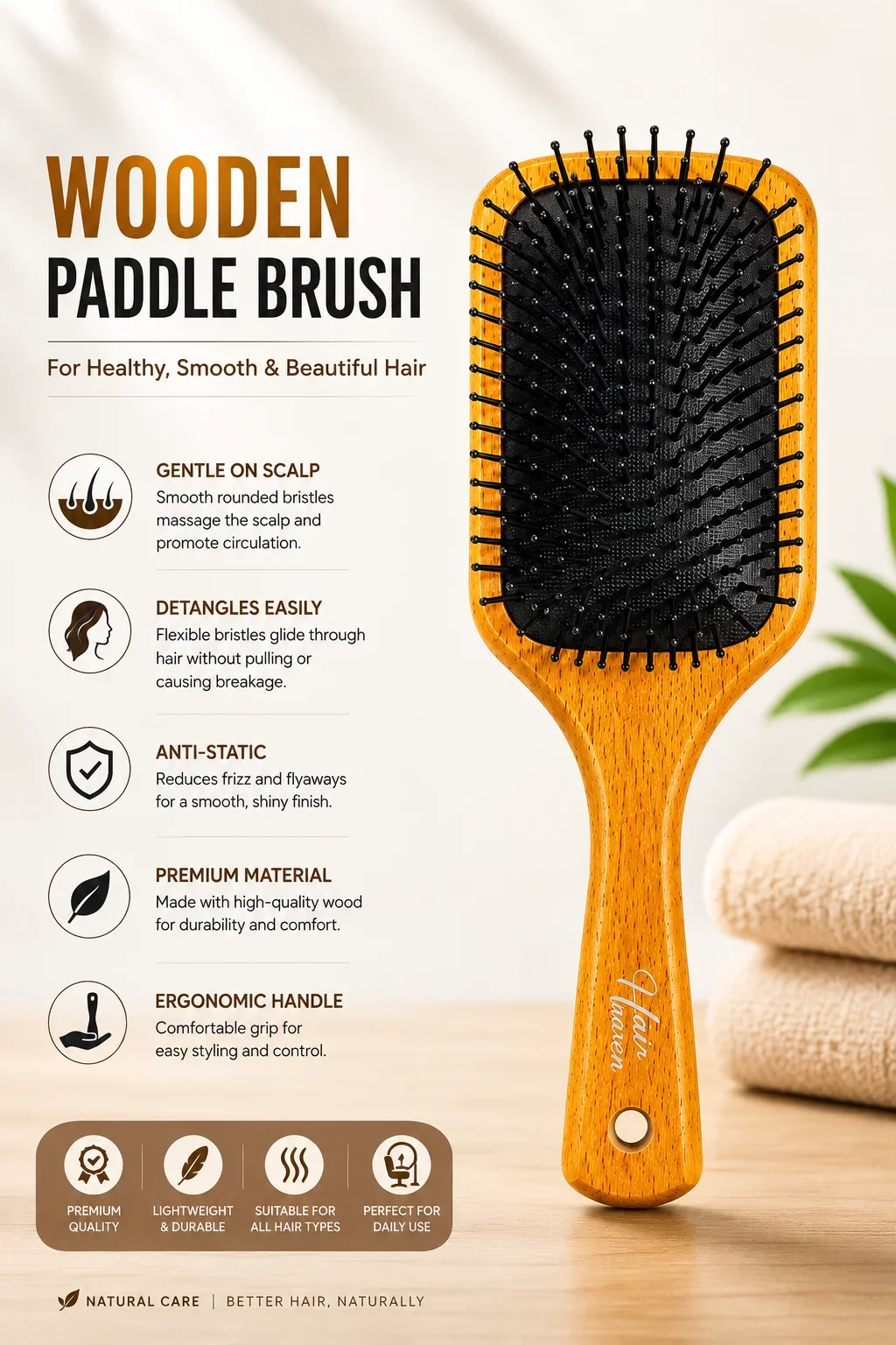 Luxury Wooden Paddle Hair Brush – Premium Anti-Static Detangling Brush