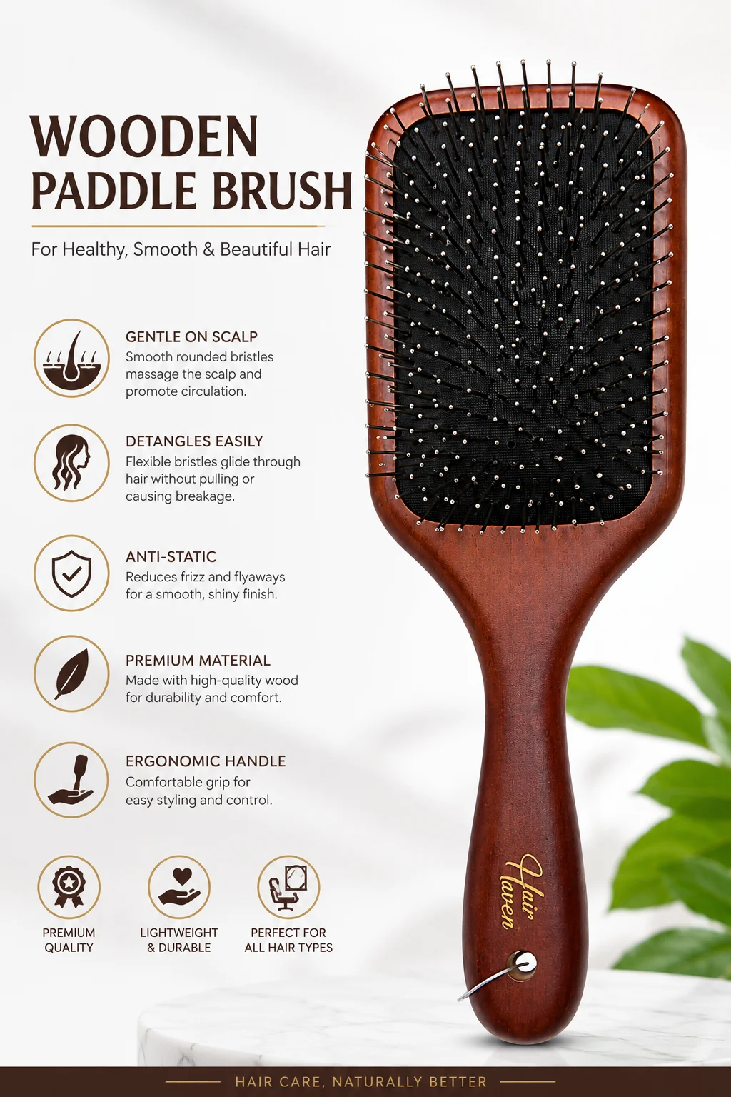 Professional Wooden Paddle Hair Brush – Anti-Static Detangling Comb