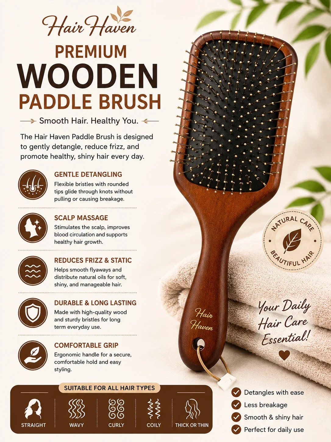 Hair Haven Premium Wooden Paddle Brush – Luxury Detangling & Scalp Massage Hair Brush