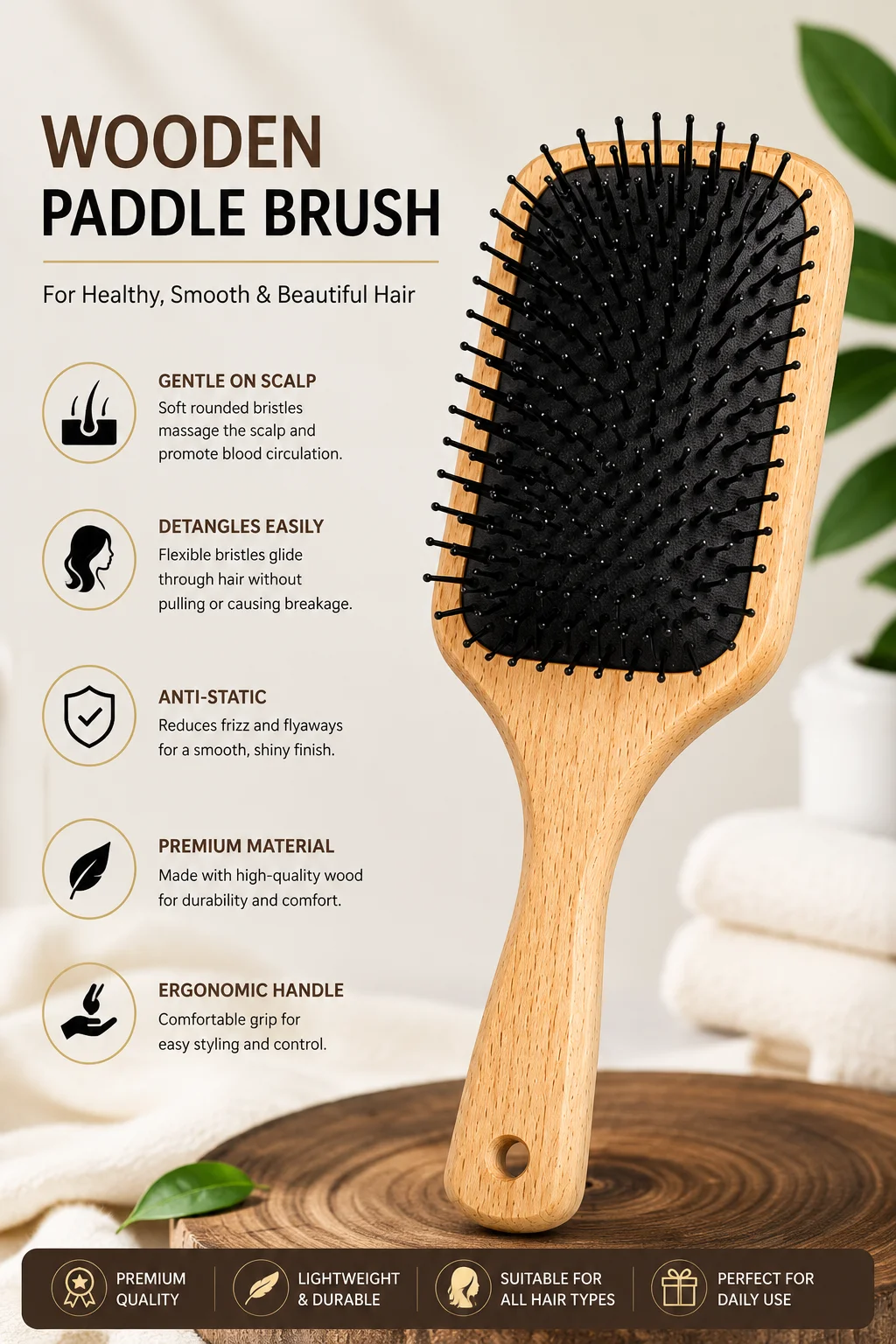 Premium Wooden Paddle Hair Brush – Smooth & Anti-Static Styling Brush