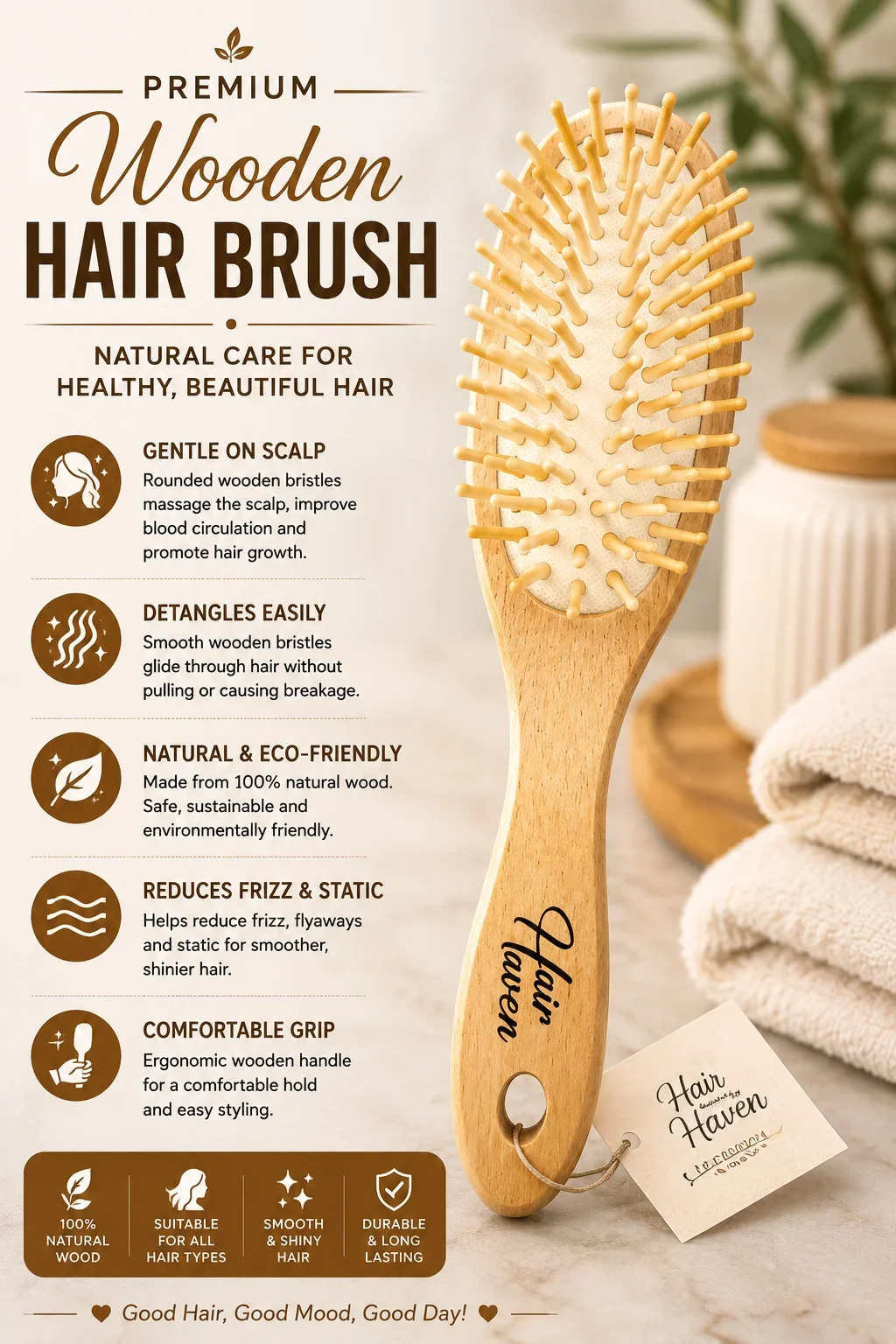 Premium Wooden Paddle Hair Brush – Natural Detangling & Scalp Massage Brush