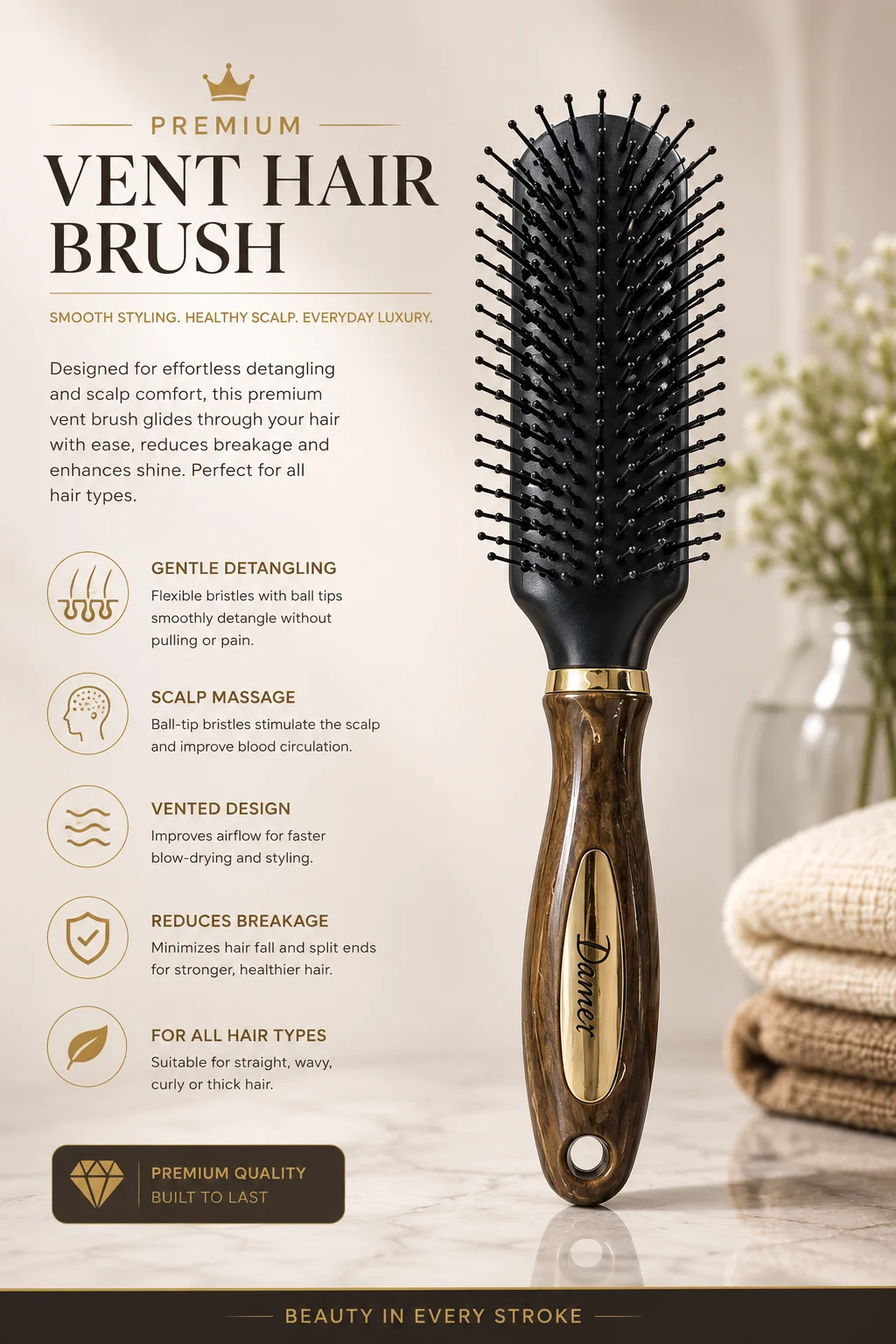 Premium Wooden Handle Vent Hair Brush 9810GD