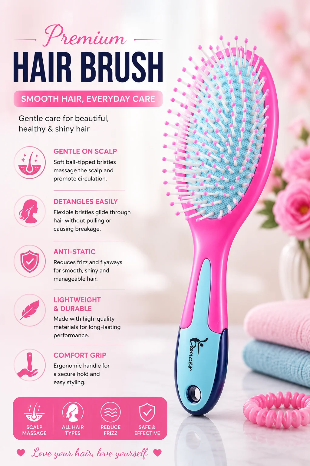 Cute Pink & Blue Paddle Hair Brush – Soft Detangling & Anti-Frizz Brush