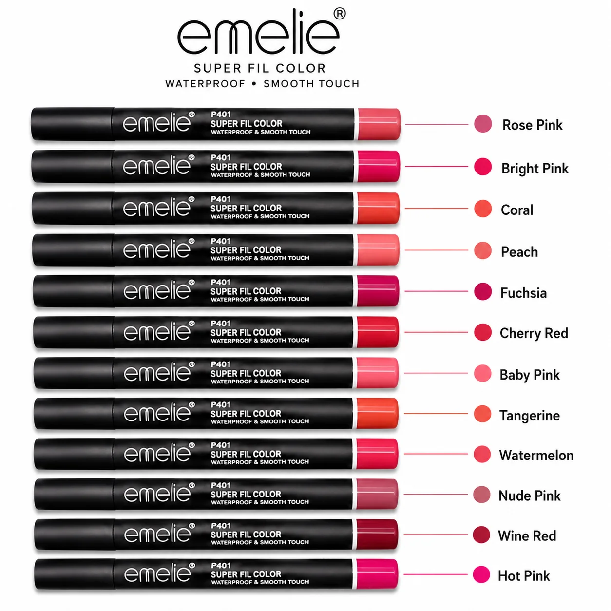 Emelie Super Fill Color Lip Pencil Set – 12 Stunning Shades
