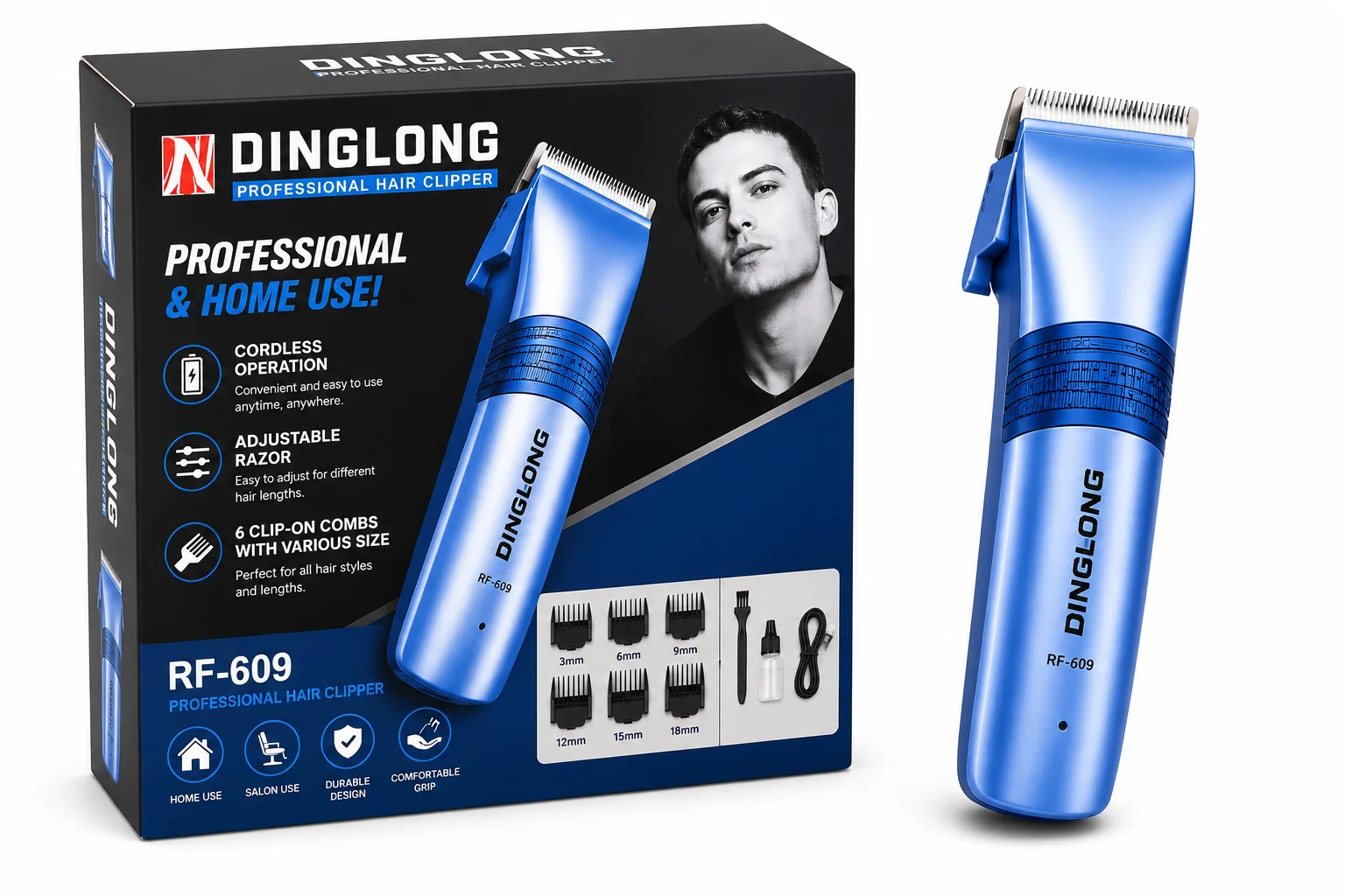 Dinglong RF-609 Professional Hair Clipper – Cordless Rechargeable Trimmer for Men