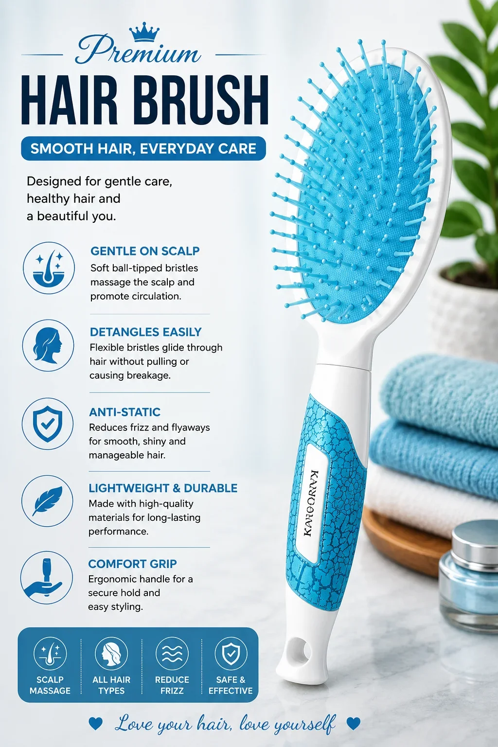 Blue Paddle Hair Brush 946-DL – Anti-Frizz Detangling & Scalp Massage Brush