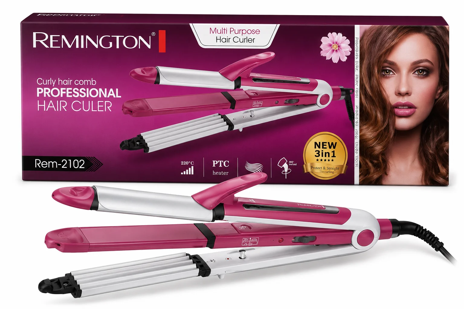 Remington 3-in-1 Professional Hair Curler & Straightener REM-2102 – Multi Purpose Styling Tool