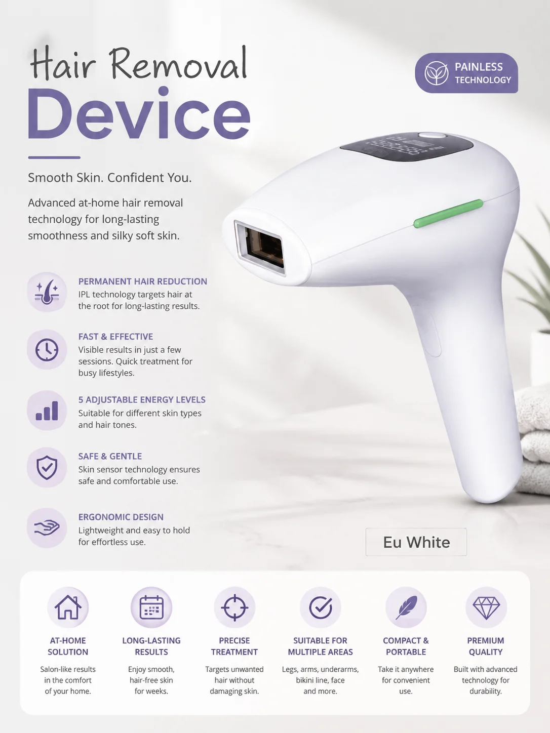 IPL Hair Removal Device – EU White | Permanent Hair Reduction Machine