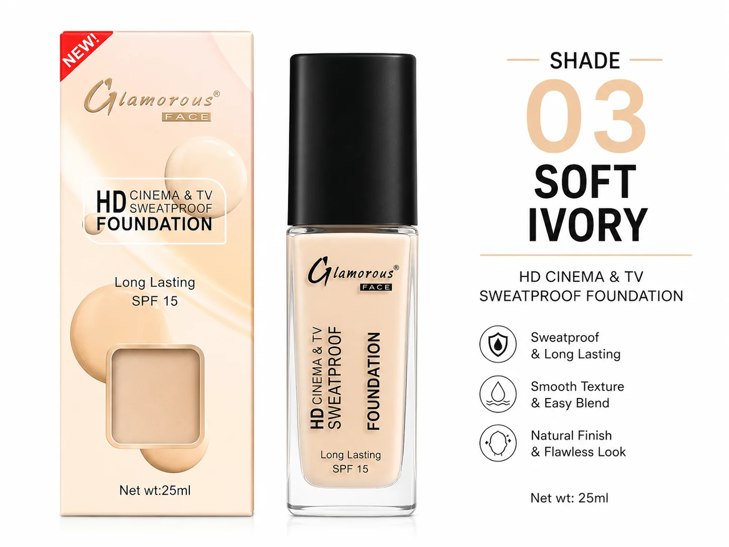 Glamorous Face HD Cinema & TV Sweatproof Foundation – 03 Soft Ivory, 25ml