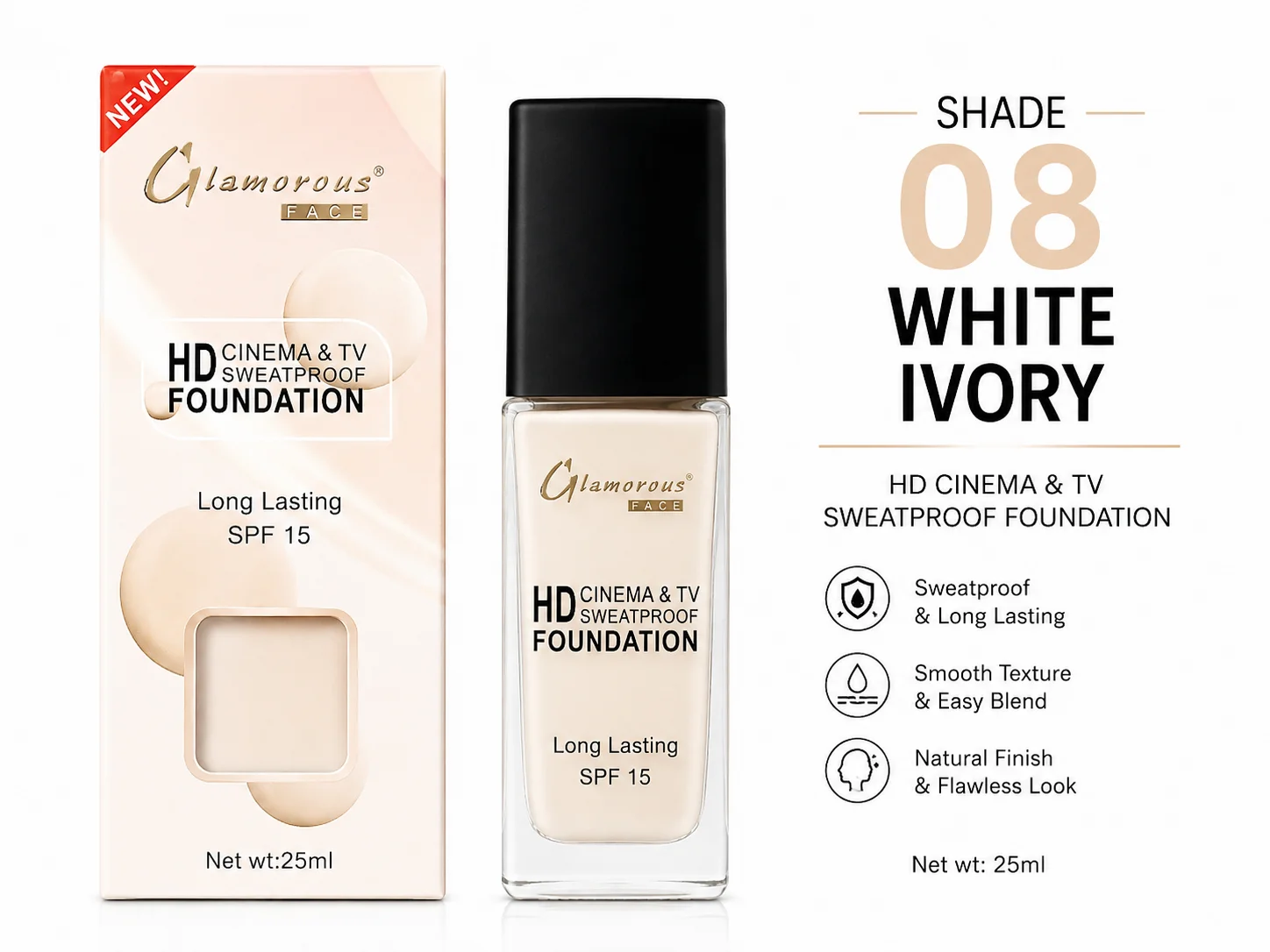 Glamorous Face HD Cinema & TV Sweatproof Foundation – 08 White Ivory, 25ml
