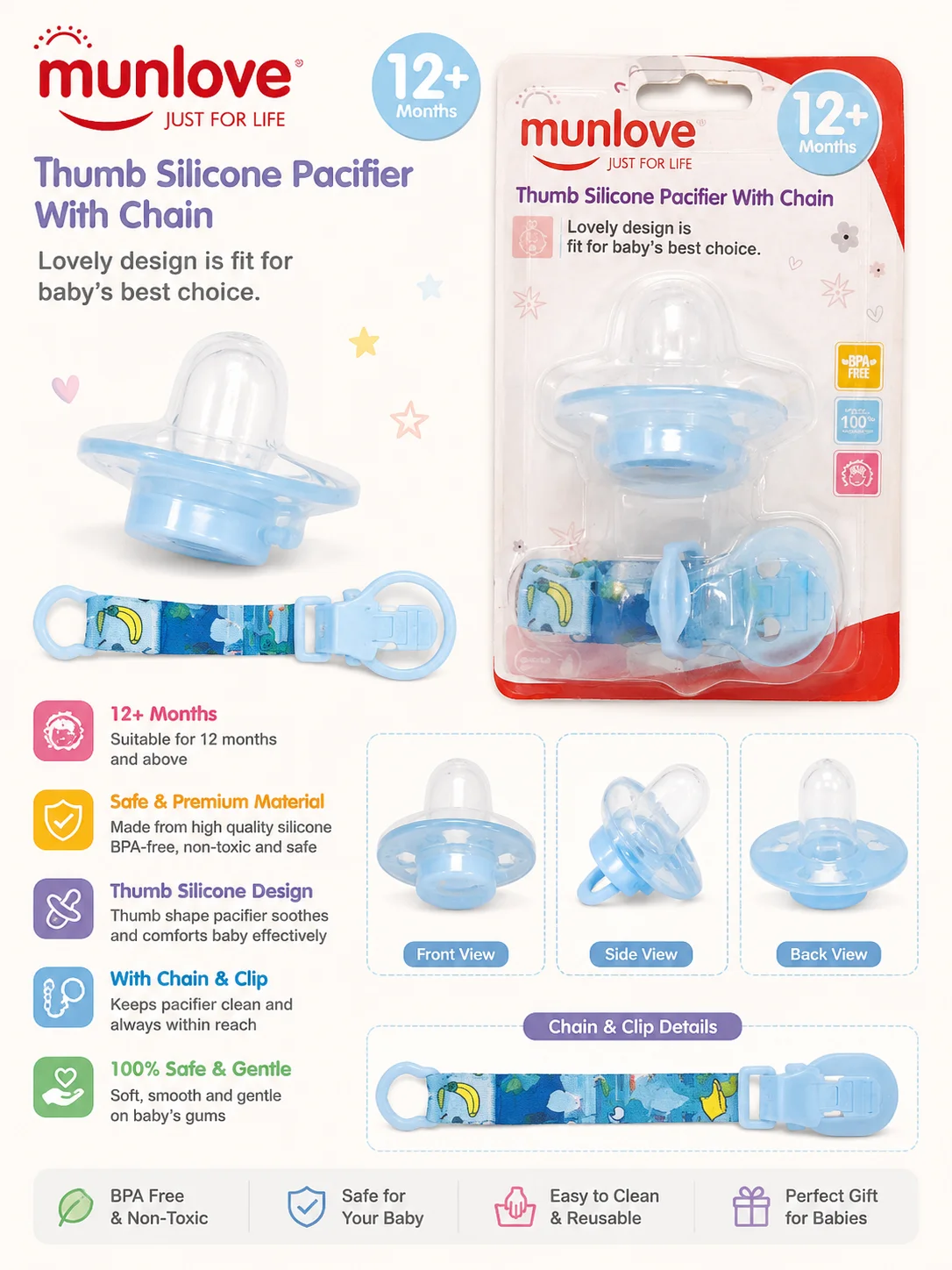 Mumlove 12+ Months Thumb Silicone Pacifier with Chain | BPA-Free Baby Soother